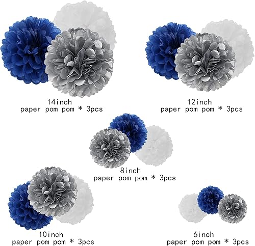 Miniatura 2 de Decoraciones de fiesta de pompones de papel de seda  15 piezas de 5 tamaños azul marino blanco plateado flores de papel plateadas, decoración de