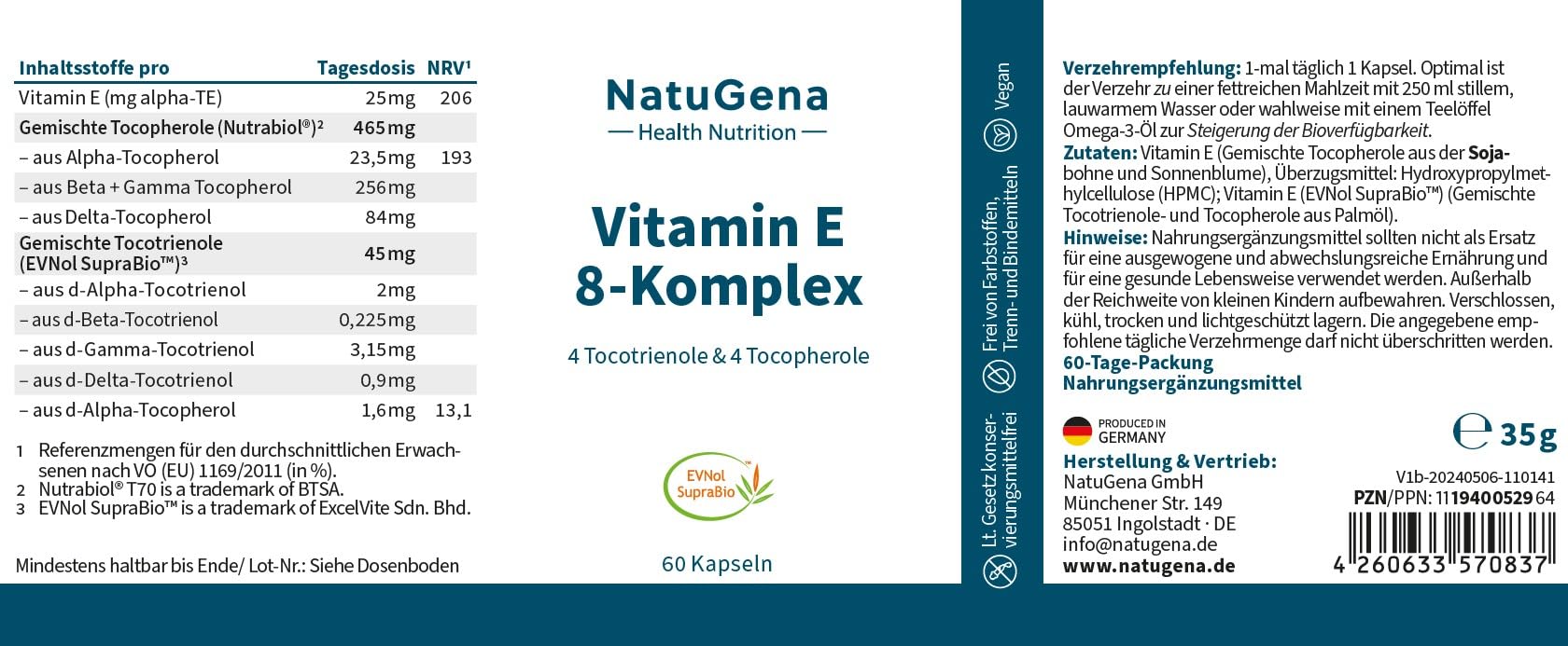 NatuGena Vitamin E 8-Komplex, 4 Tocotrienole, 4 Tocopherole, 8 Vitamin E-Verbinungnen, Nutrabiol T70, EVNol SupraBio, 60 Kapseln (60 Tage Packung)