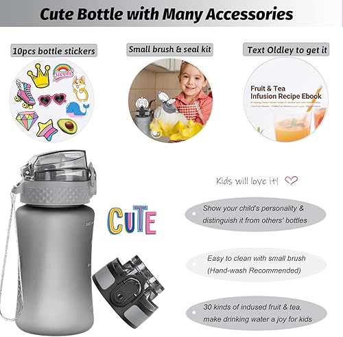 Miniatura 7 de Botella de agua de 12oz para niñosniñas pequeños, sin BPA, con marcador de tiempo que motiva a beber, 2 tapas de popoteboquilla, abre con un solo