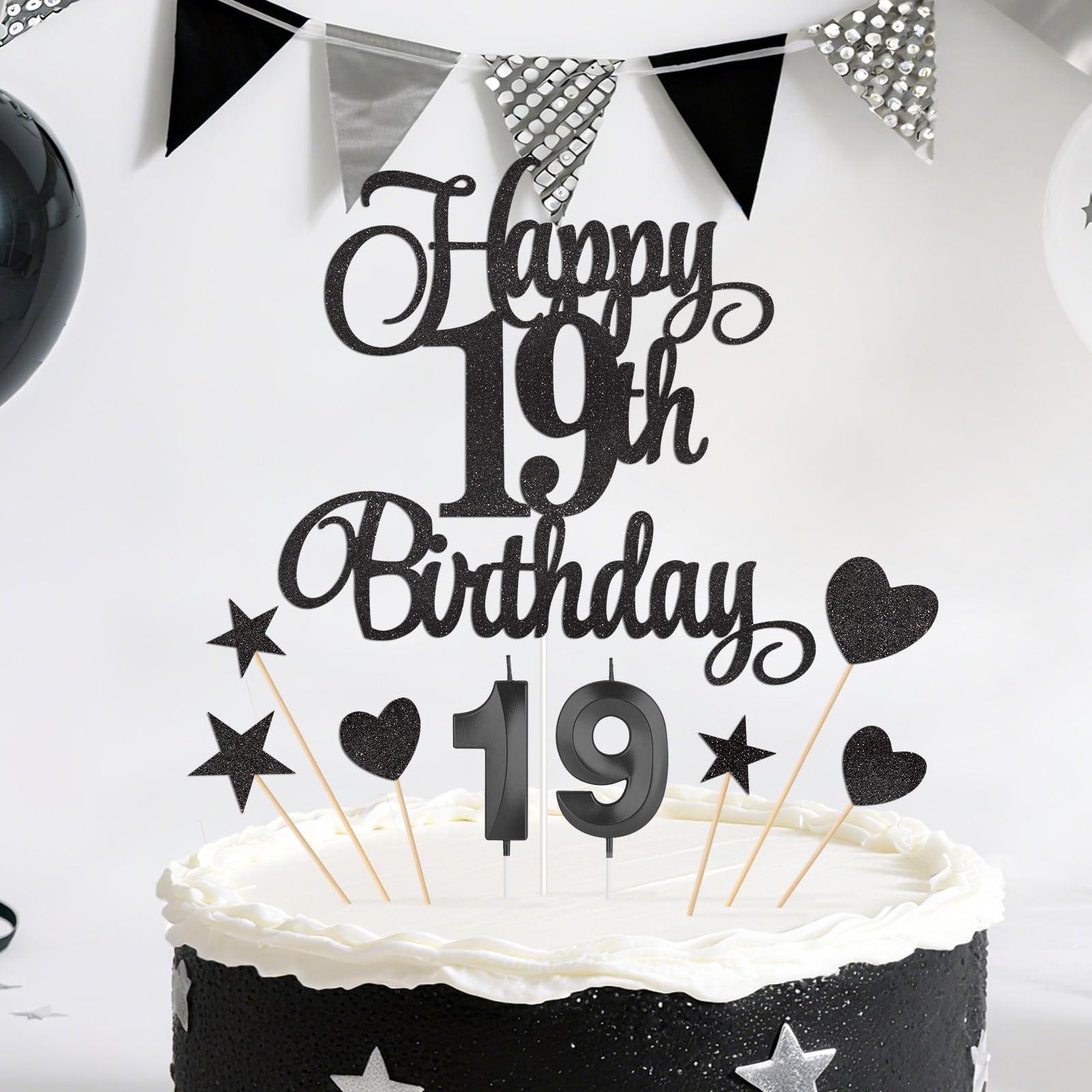 Black Happy 19th Birthday Cake Decorations, Glitter 19th Birthday Cake Toppers Set and Numeral 19 Candles for Birthday Party Supplies, Heart Star Cupcake Decorations