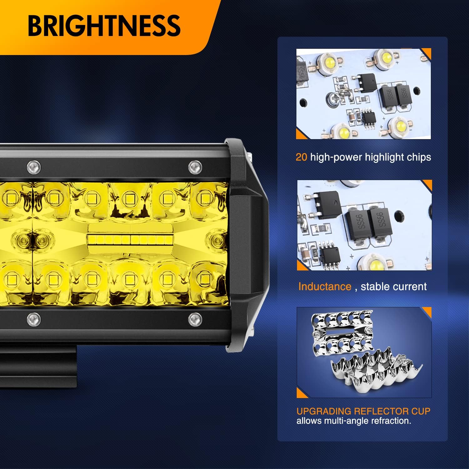 GOOACC 2PCS 6.5 Inch Amber LED Pods 120W Triple Row Flood Light Bar Fog Light Driving Lighting with 16AWG Off Road Wiring Harness-2 Leads for Truck Golf Cart SUV ATV UTV Boat, Clear,Yellow (Auto-652)