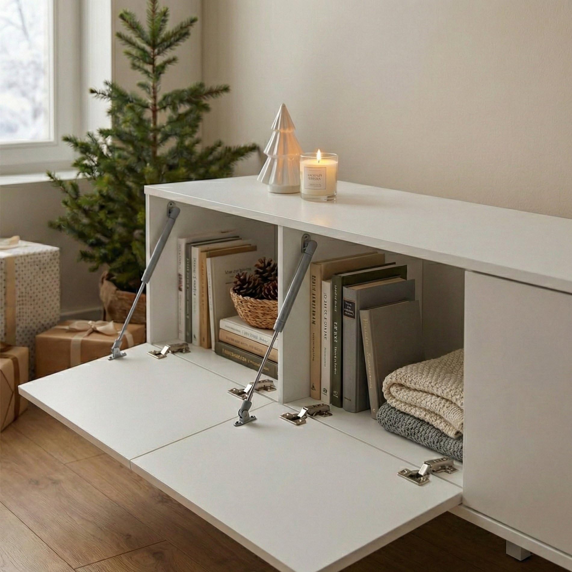 Dmora - Mobile porta TV Randfontein, Credenza da soggiorno, Armadio basso per TV, Base parete attrezzata, Made in Italy, 225x38h39 cm, Bianco lucido