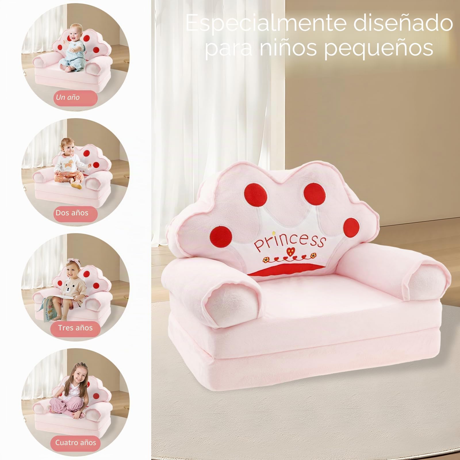 Sofá infantil desplegable 2 en 1, sillas suaves para niños pequeños con asa, 80×50 cm, sillón lounge para bebé, sofá de juegos convertible en tumbona para niñas y niños de 1 a 4 años, sala de juegos