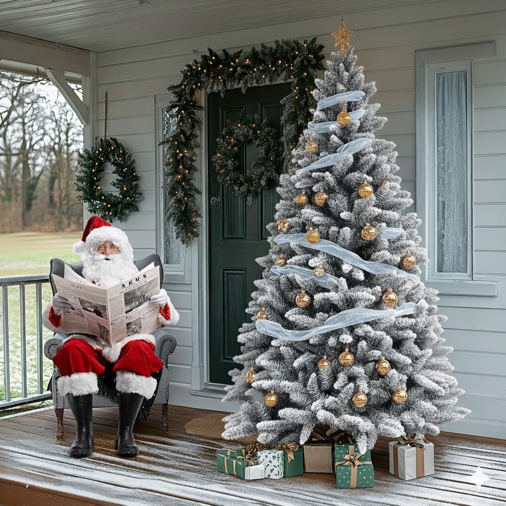 LEIVESTE-Albero di Natale Artificiale 150 Verde Innevato Super Folto,Base a Croce in Ferro Pieghevole Effetto Realistico Con Neve, rami con apertura ad ombrello. (150 CM)