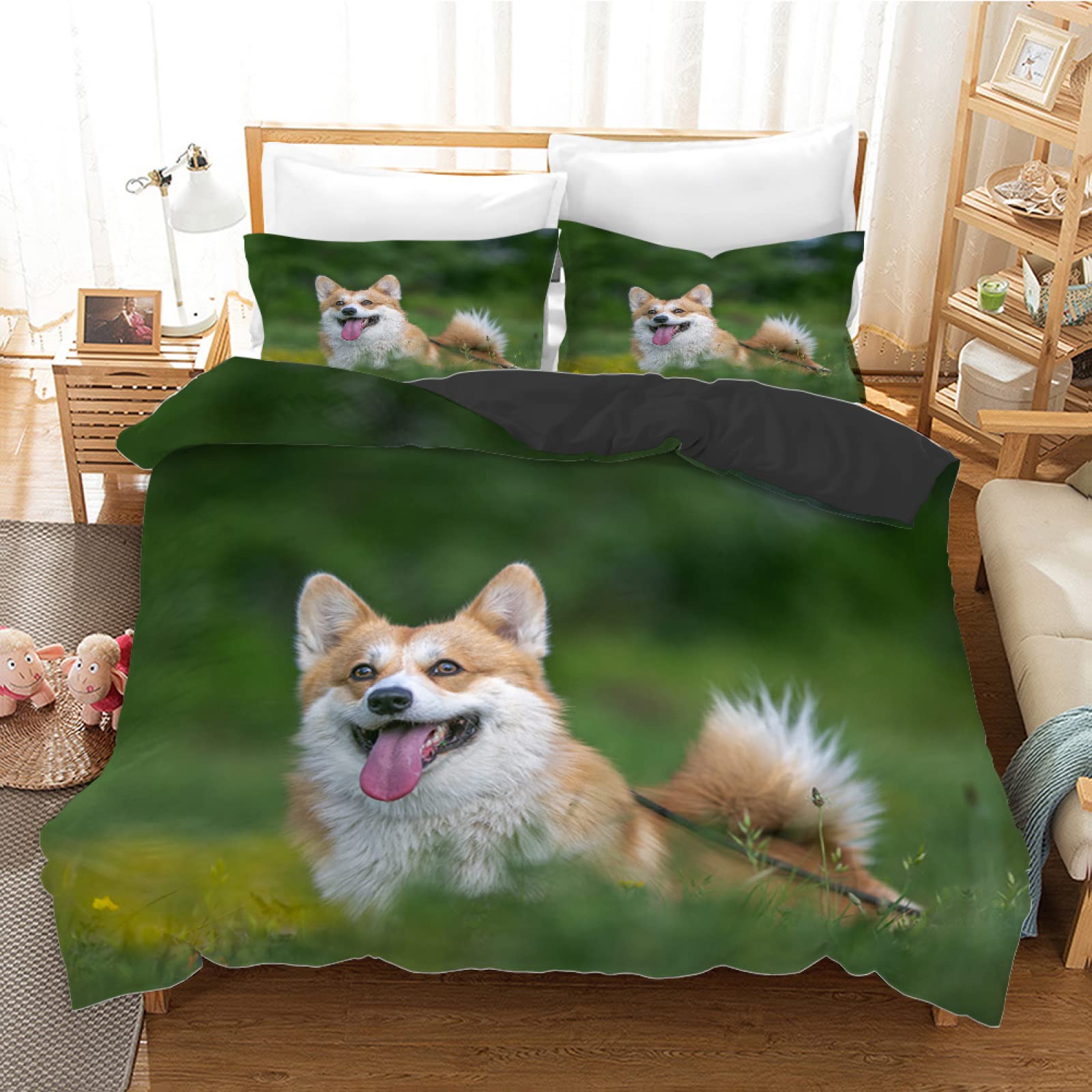 Parure de lit 160x200 housse de couette microfibre motif chien taie 65x65