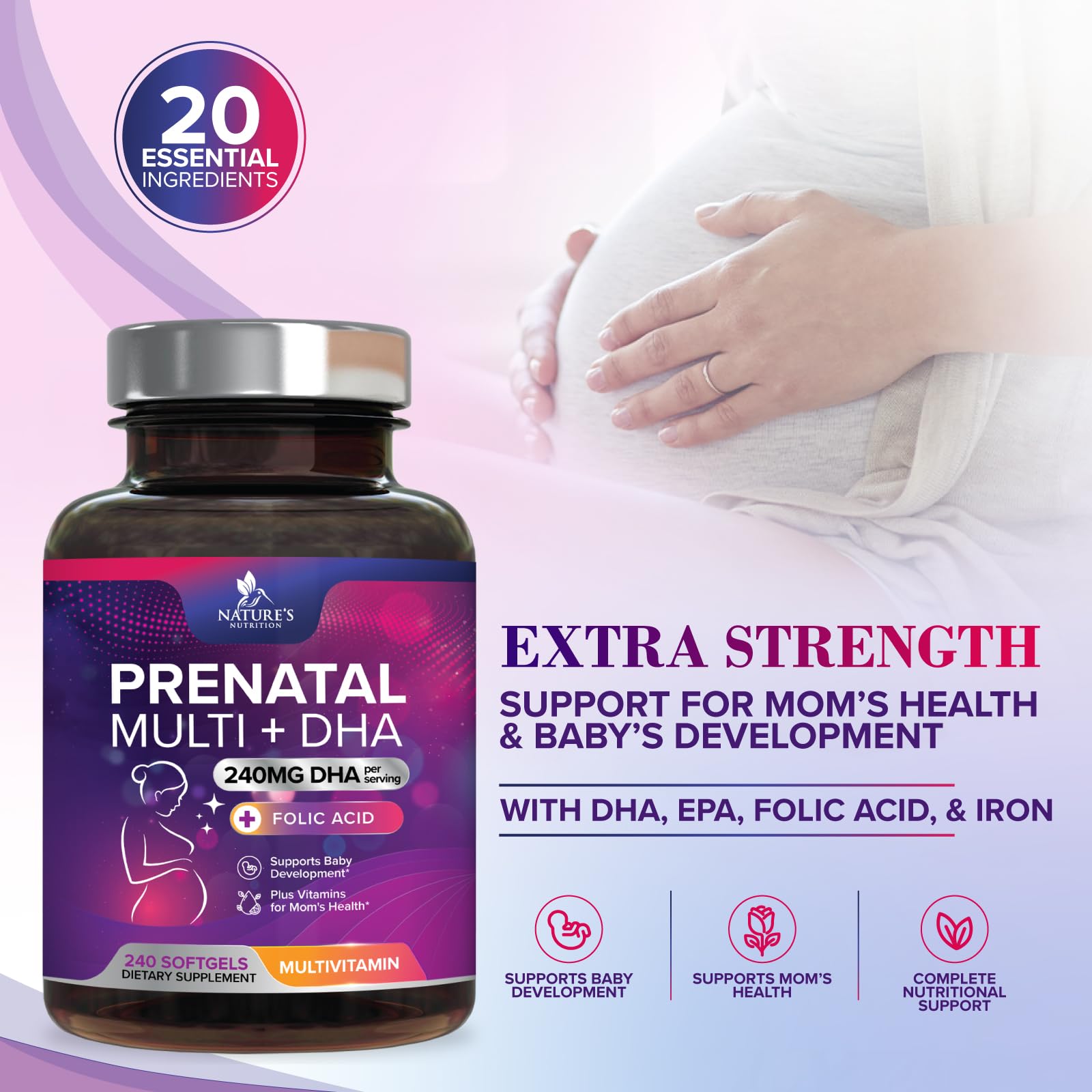 Prenatal Vitamins for Women with Folic Acid + Omega 3 DHA for Fetal Brain Development, Best Prenatal Vitamin Supplement, Daily Pregnancy Multivitamin Nutritional Support, Bottled USA - 240 Softgels — Amazon image 6