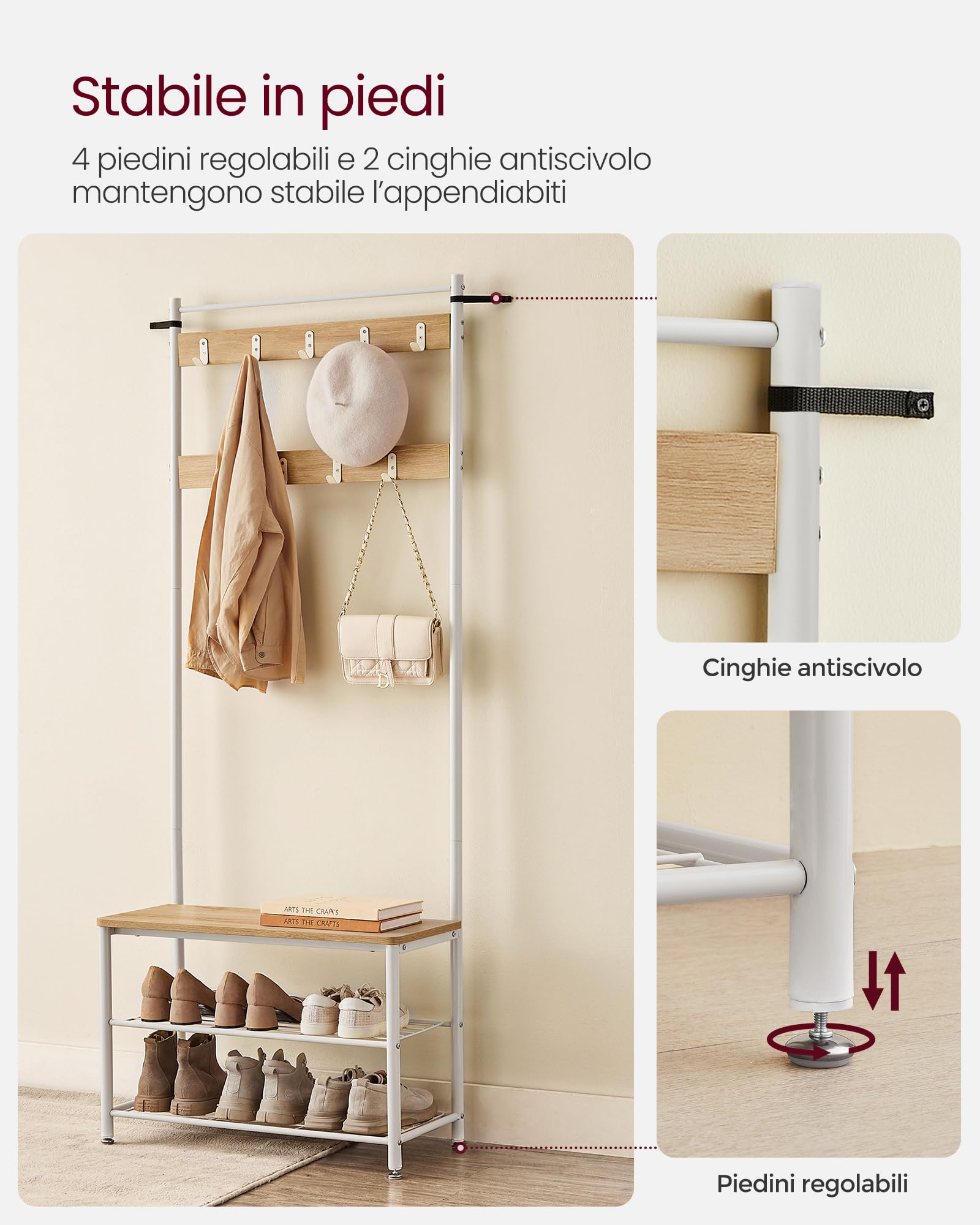 VASAGLE Appendiabiti con Scarpiera, Mobile da Ingresso con Panca, 3 in 1, Struttura in Acciaio, per Entrata Corridoio, 32 x 70 x 177 cm, Stile Moderno, Rovere e Crema HSR041W09