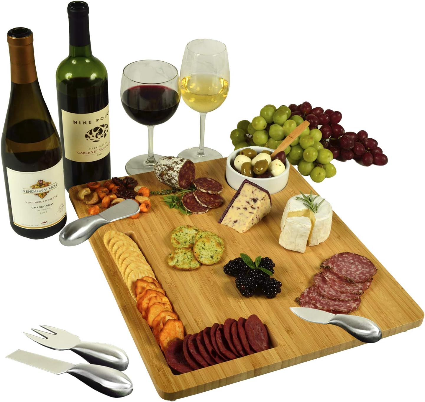 Picnic at Ascot Monogrammed Bamboo Cheese & Cracker Serving Board with cheese tools & Ceramic Bowl - Letter 'I'