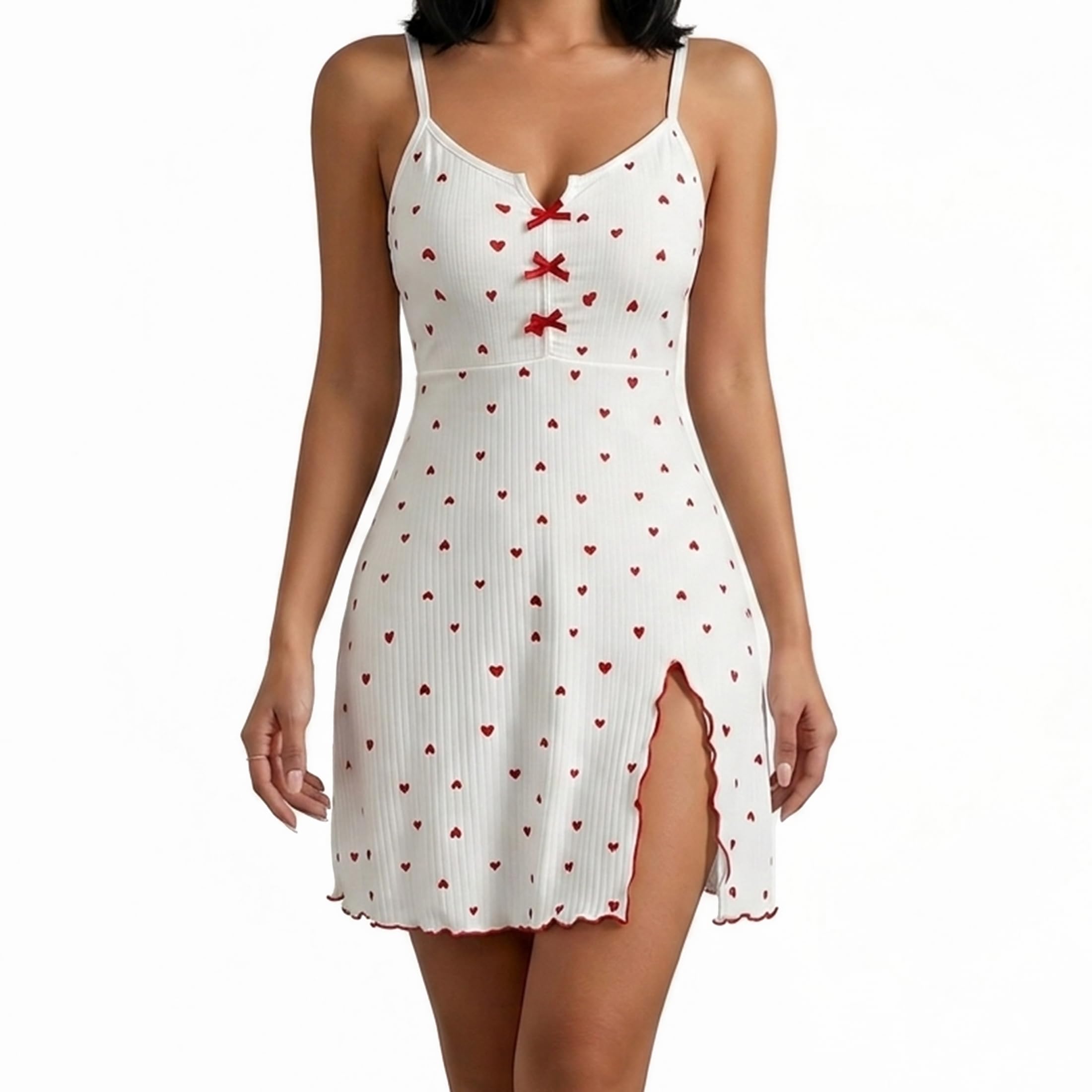 Women's Ribbed Spaghetti Strap Heart Print Mini Dress-image-45