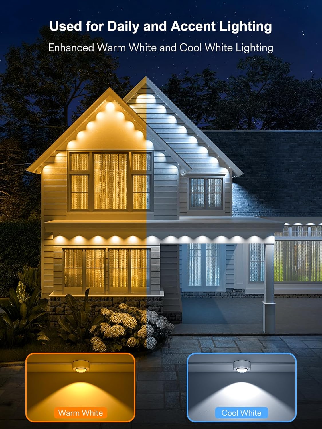 ANGELHALO Permanent Outdoor Lights Pro, 50ft with 36 LEDs for Daily and Accent Lighting, Multiple Scene Modes Eaves Lighting with Warm and Cool White, IP65 Waterproof, Compatible with Alexa
