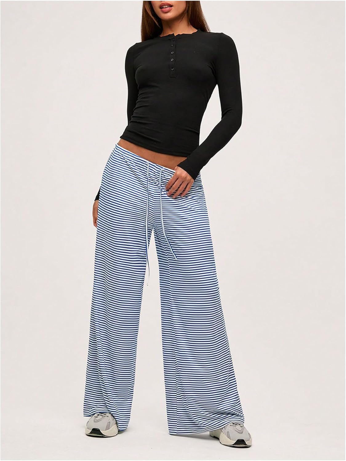 Floerns Women's Striped Wide Leg Pants Drawstring Waist Loose Long Trousers Lounge Bottoms - Image 5