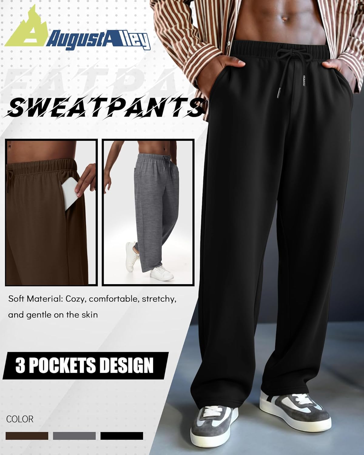 3 Pack Men's Lightweight Lounge Pants Straight Leg Open Bottom Thin Baggy Drawstring Sweatpant with 3 Pockets - Image 4