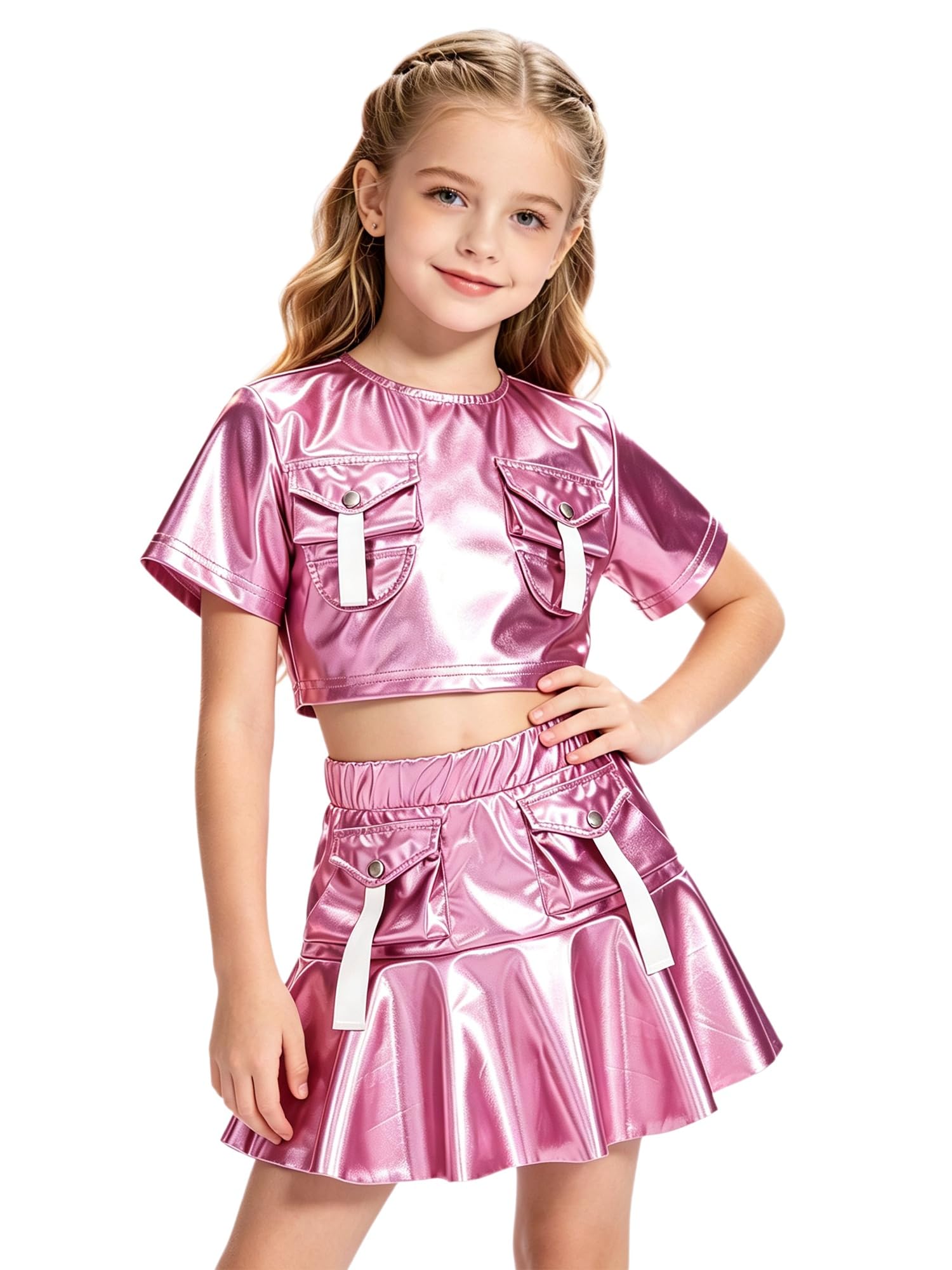 Vestuario de competencia elegante dPois para niña con top metálico negro y falda 8