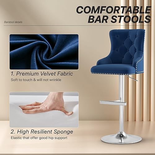 Miniatura 46 de ABET Juego de 2 taburetes de bar, taburetes de altura de mostrador con reposapiés, silla giratoria ajustable de terciopelo para isla de cocina con