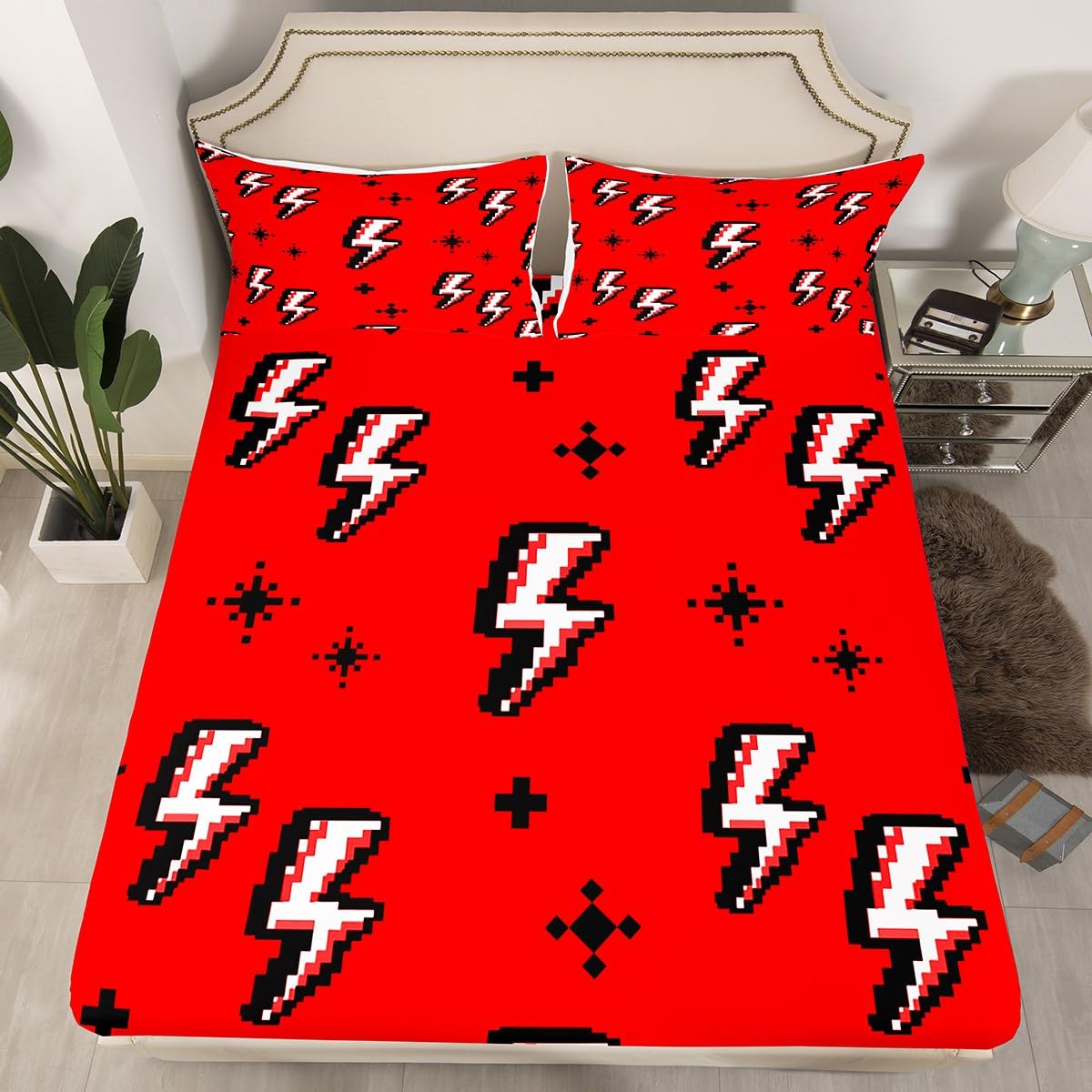 Lightning Fitted Sheet Twin Size,Cartoon Pixel Style Bed Sheets 2Pcs for Kids Girls Boys Teens Room Decor,Gaming Flash Bedding Set Red Black Modern Chic Deep Pocket Sheet,1 Pillowcase