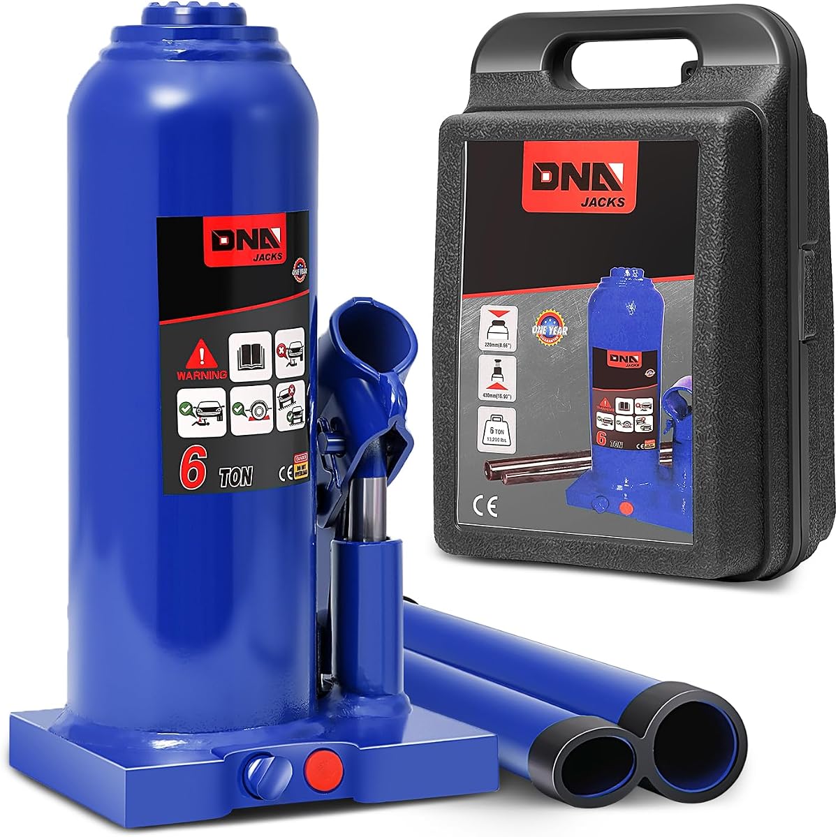 DNA Motoring 6 Toneladas Gato de Botella de Coche Hidráulico, Azul, Capacidad de 12000 libras | Gato de Botella Soldado Automotriz, para Camioneta de Coche SUV, Elevador de Casa de Reparación Automática, con Estuche de Almacenamiento de Mango Manual