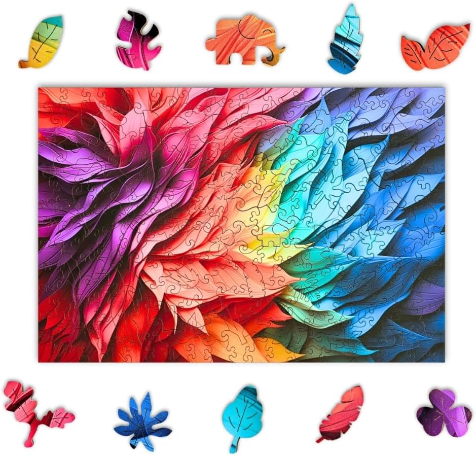 Wooden Puzzles for Adults, 200 Pieces Premium Wooden Jigsaw Puzzle with Chromatic Feathers Rainbow Design, Colorful Artistic Puzzle, Relaxing Family Game and Gift for Adults & Kids