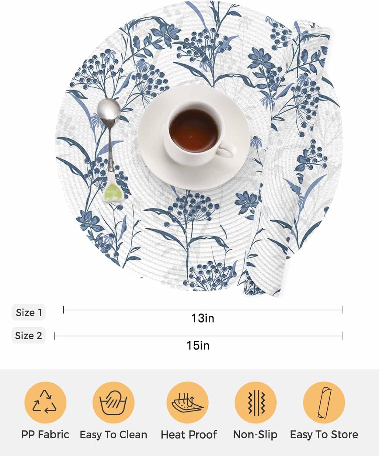 Round Placemats Set of 4 Spring Floral Place Mats Washable Woven Placemat Blue Berry Fruit Leaves Plant Circle Braided Heat Resistant Table Mat for Kitchen Dining Table Party Decor 15 Inch