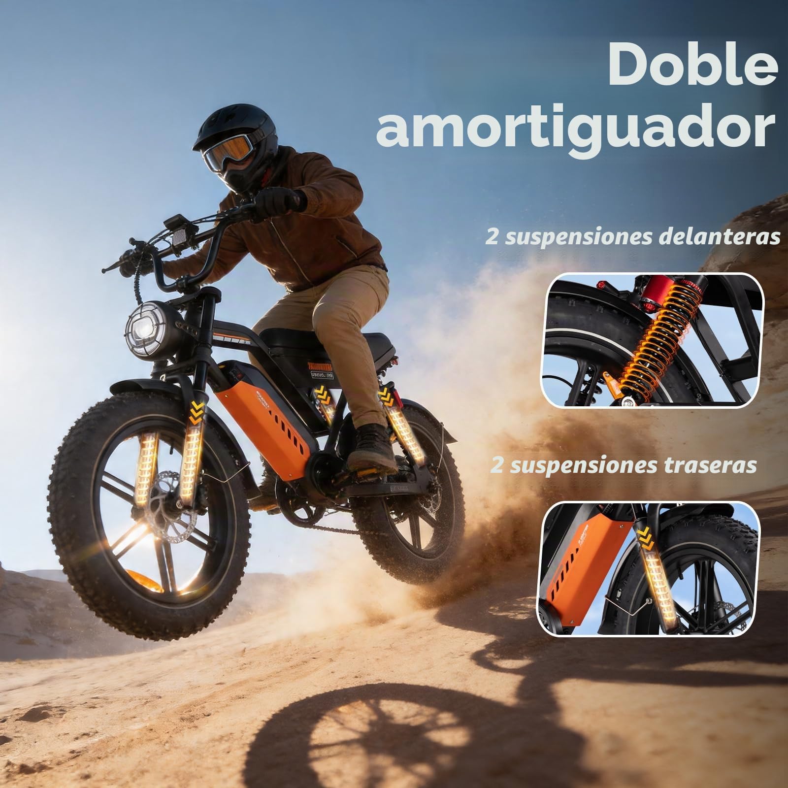 Bicicleta eléctrica para hombre, 20", batería extraíble, color negro y naranja
