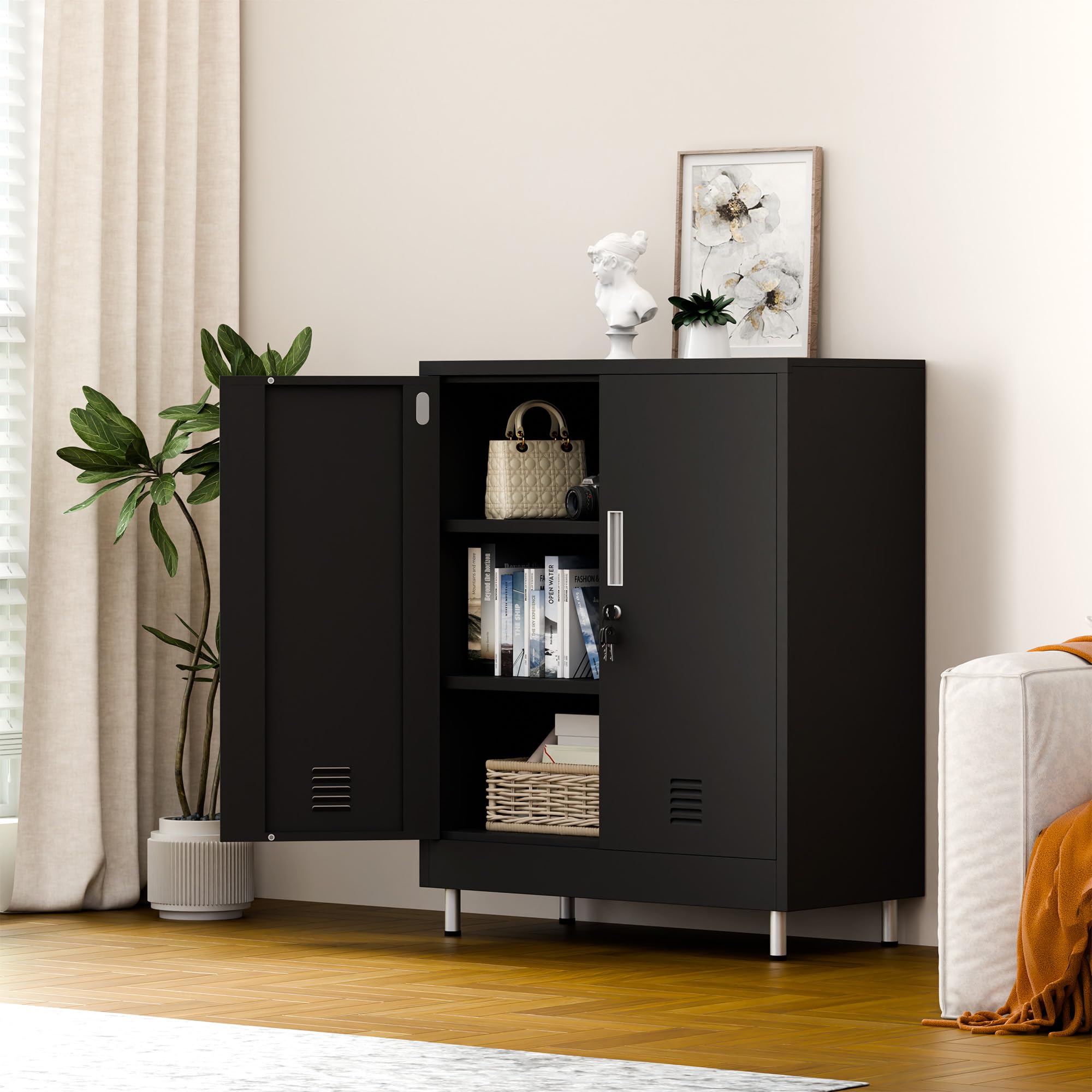 JINGUR Armoire de Rangement en métal avec Portes verrouillables et étagères réglables, Petite Armoire de Rangement verrouillable pour Maison, Bureau, Garage, Garde-Manger, entrée, Salon (Noir)