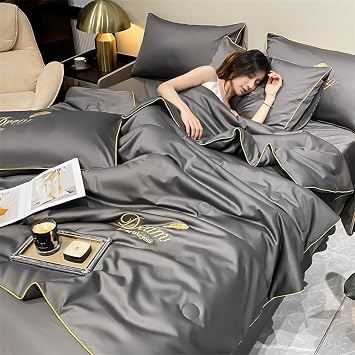 Summer Simple Ice Silk Quilt - Washable Ice Silk Simple Air Conditioning Comfoter Quilt Blanket, Summer Simple Ice Silk Quilt 4-Piece Set A-Dark Grey Set,150200CM