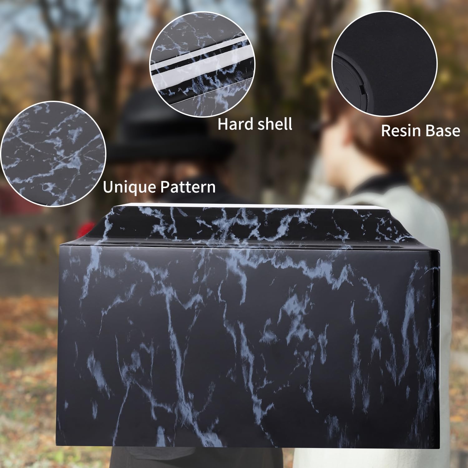 black classic cultured marble cremation urn for adult ashes, adult sized memorial urn for ground burial or home memorial