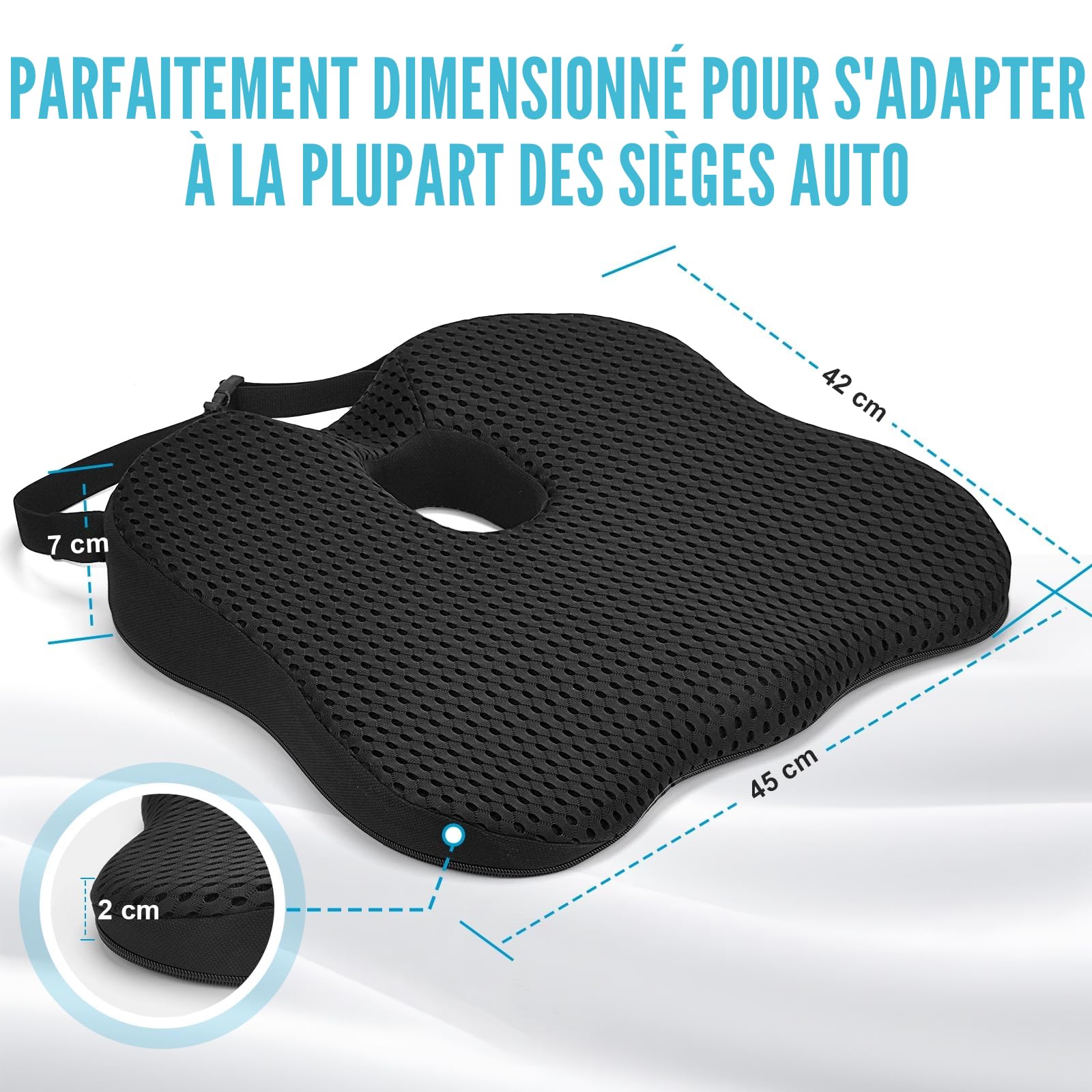 Coussin de Siège Auto – Rehausseur Ergonomique en Mousse à Mémoire de Forme avec Fond Antidérapant et Sangle Réglable – Coussin de Siège pour Voiture, Camion, Bureau et Maison
