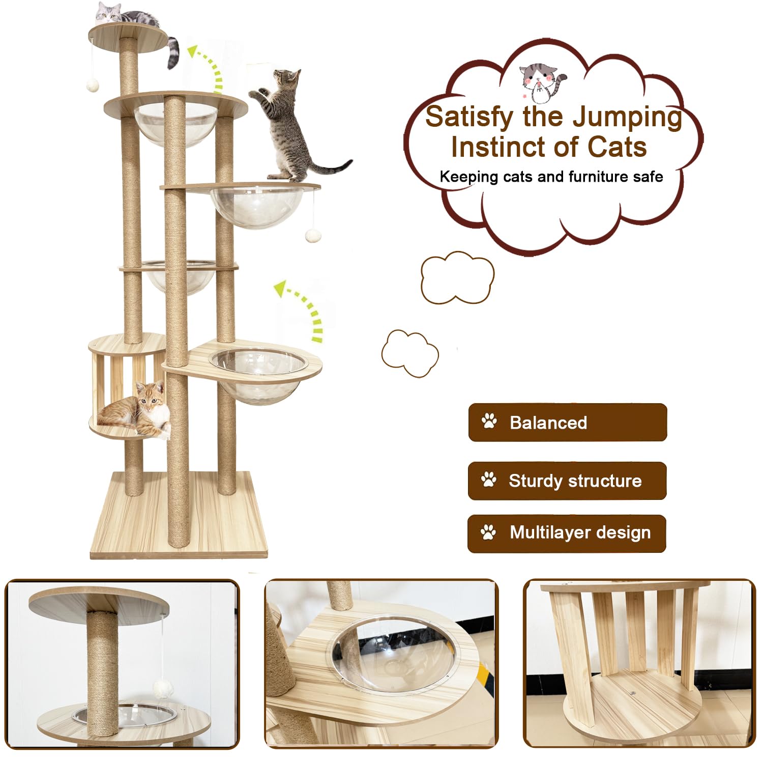 Mdpetpops Árbol rascador para Gatos de 183 cm, Grande, con 4 cápsulas, Yute, Columna rascadora, Escalera, Cueva, Juguete para Gatos, Color Madera YN-105