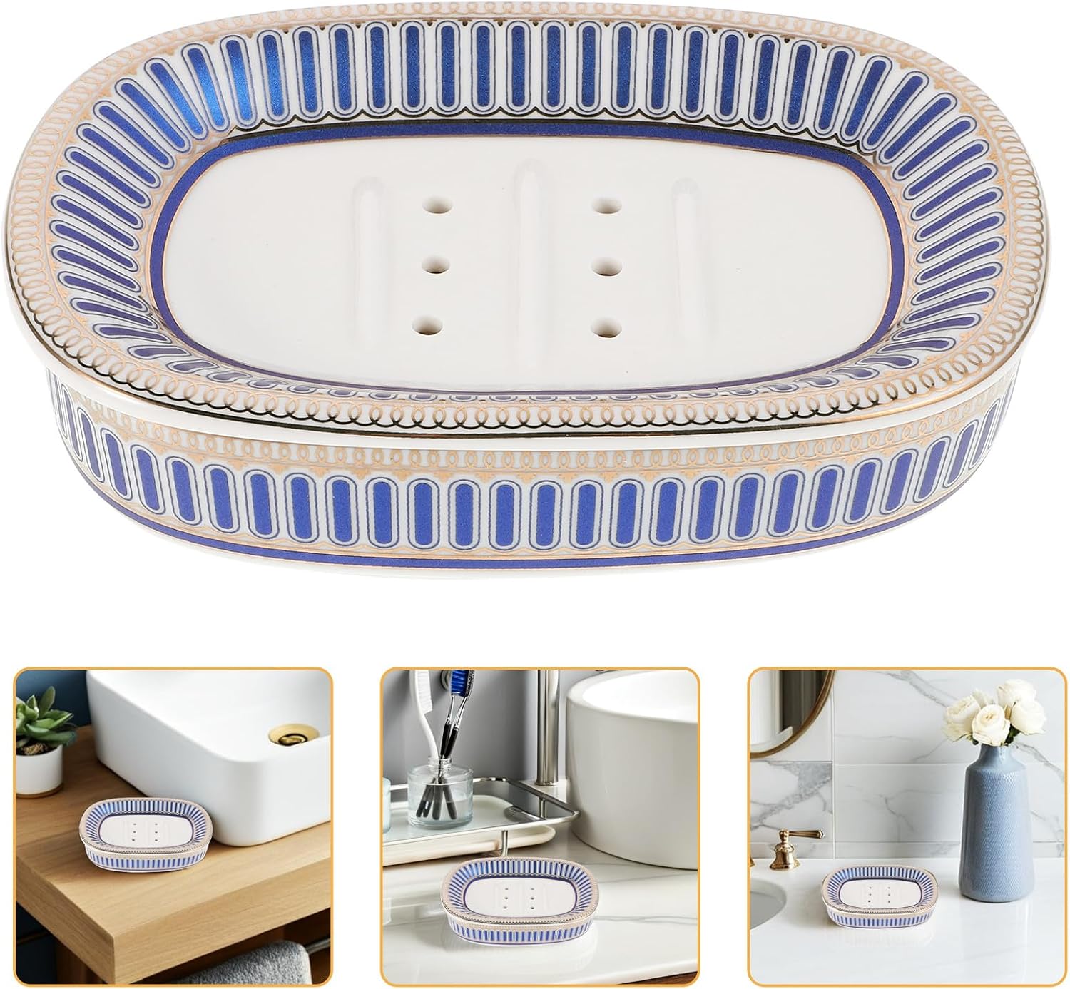 WOONEKY Ceramic Stripe Blue Soap Dish with Multi-Hole Drainage Self-draining Soap Saver Holder for Bathroom and Kitchen Sink for Shower Use