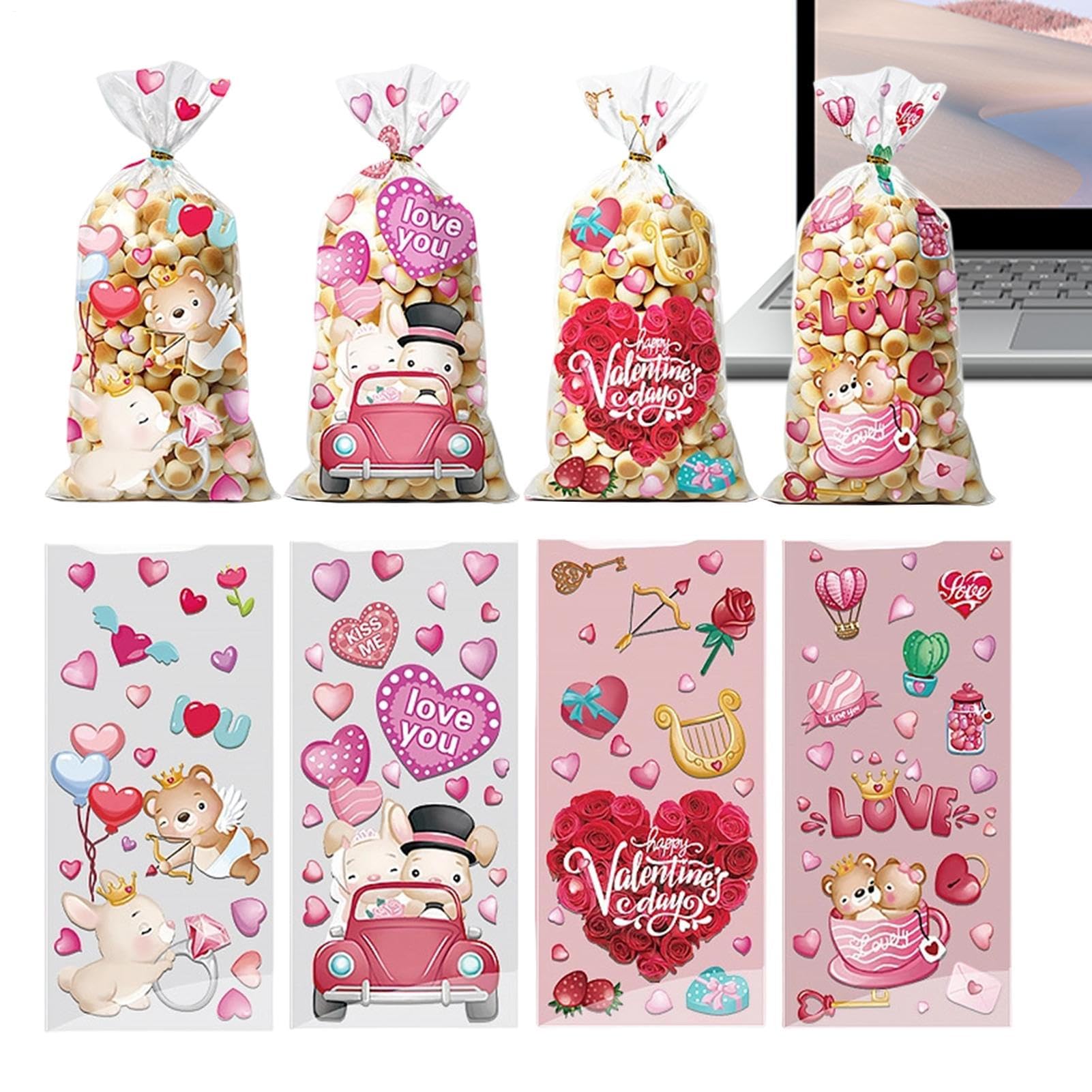 Valentine's Day Cellophane Bags | Cellophane Heart Party Accessories, Small Party Cookie Gift Bags - For Snack Chocolate Biscuits Baked Goods Holiday Birthday Home Wedding Men