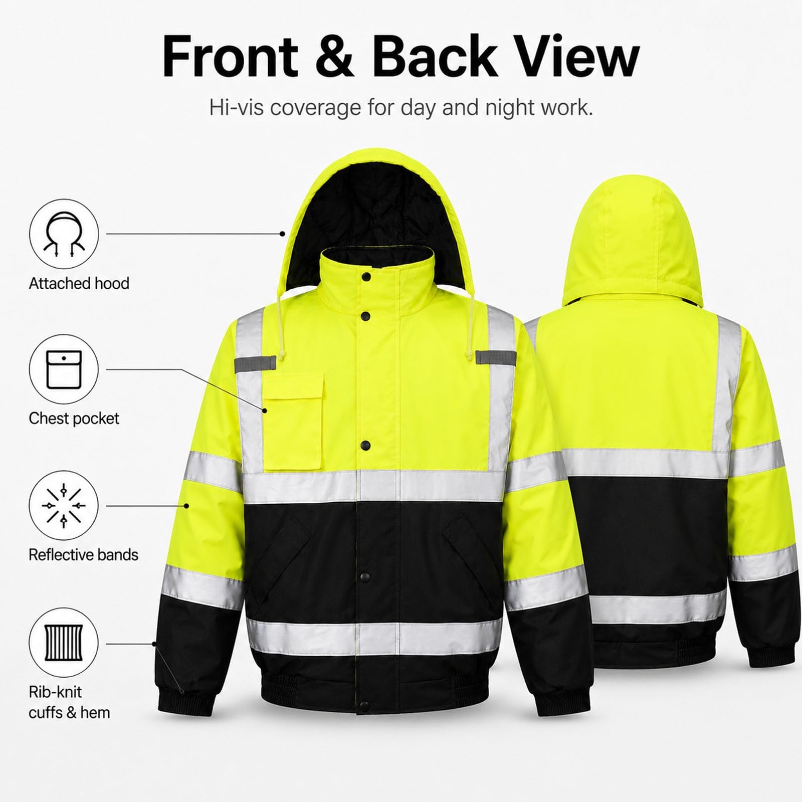 Chaqueta Alta Visibilidad Invierno Hombre, Chaqueta De Trabajo Reflectante | Forro Grueso De Algodón, Cuello Alto Cortavientos, Diseño Con Capucha, Cierre De Cremallera Suave(S)