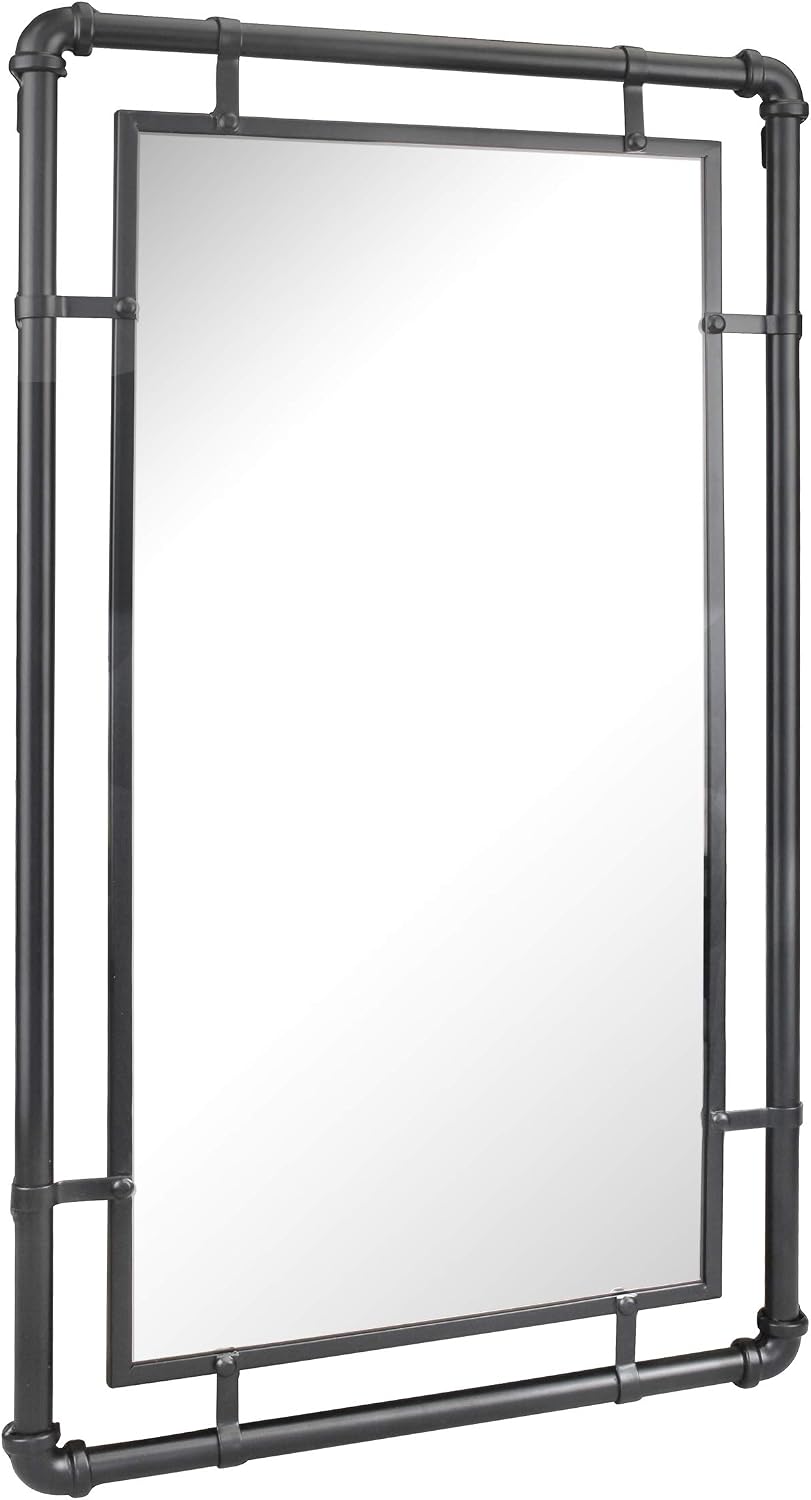 Stonebriar Decorative Industrial 29.1" x 16.7" Rectangle Black Metal Pipe Hanging Wall Mirror