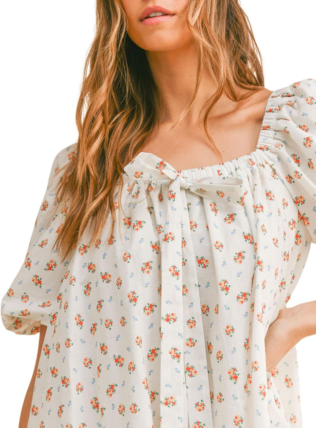 hibshaby Women's Floral Print Mini Dress Cute Puff Sleeve Dress Babydoll Bow Dress Casual Dress - Image 4