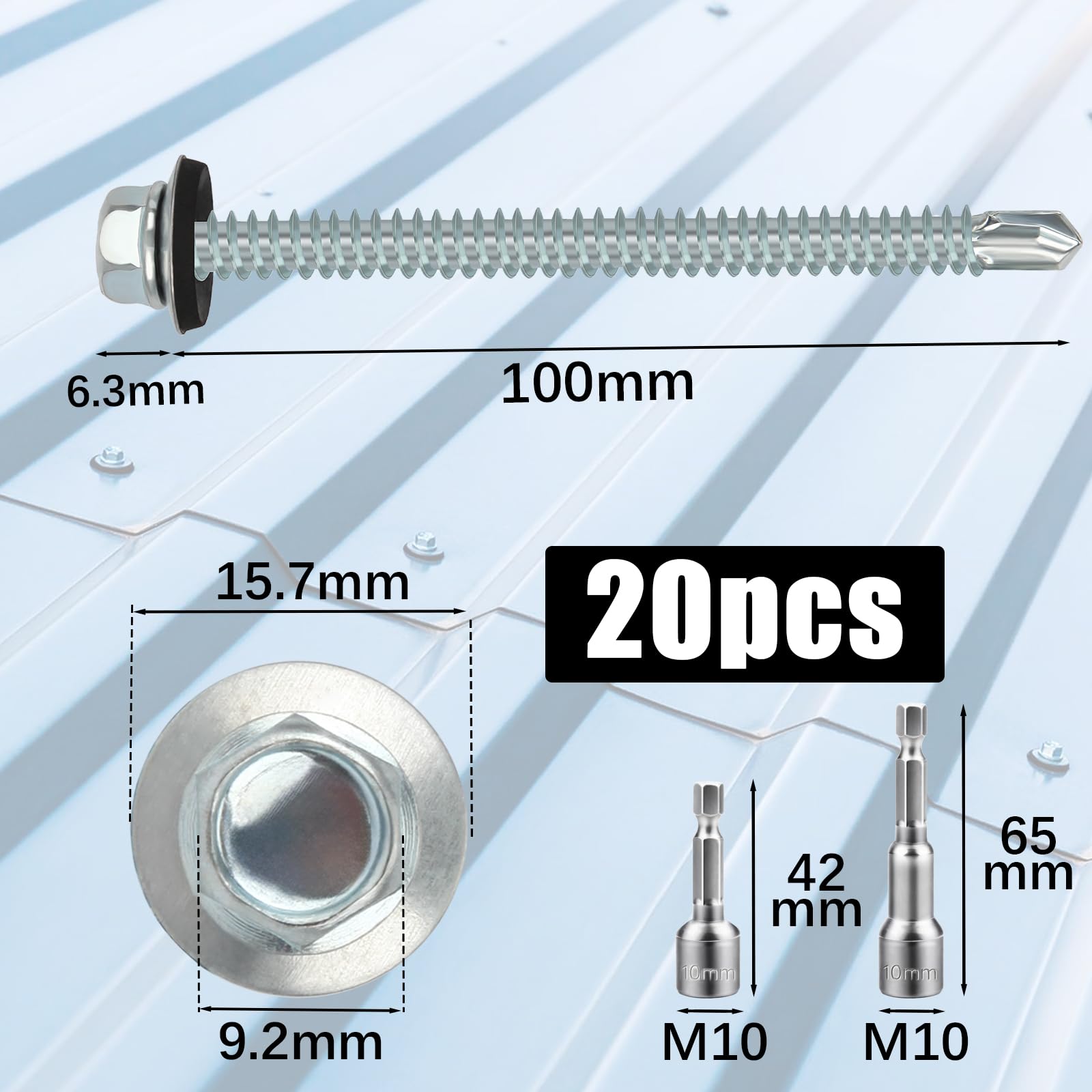 sturiz 20PCS 6.3x100 mm Self Drilling Screws for Metal Roofing Screws with Rubber Washers Hex Head Self Tapping Screws und 2 M10 Hex Socket Tech Screws Zinc Corrugated Roof Fixings for Tin Roof - Image 2