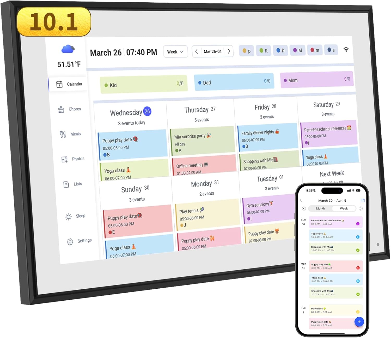 10.1 Inch Smart Digital Calendar & Chore Chart Full HD Touchscreen Display WiFi Sync Electronic Planner for Family Schedules Includes Desk Stand Streamline Home Organization Gift for mother mom women