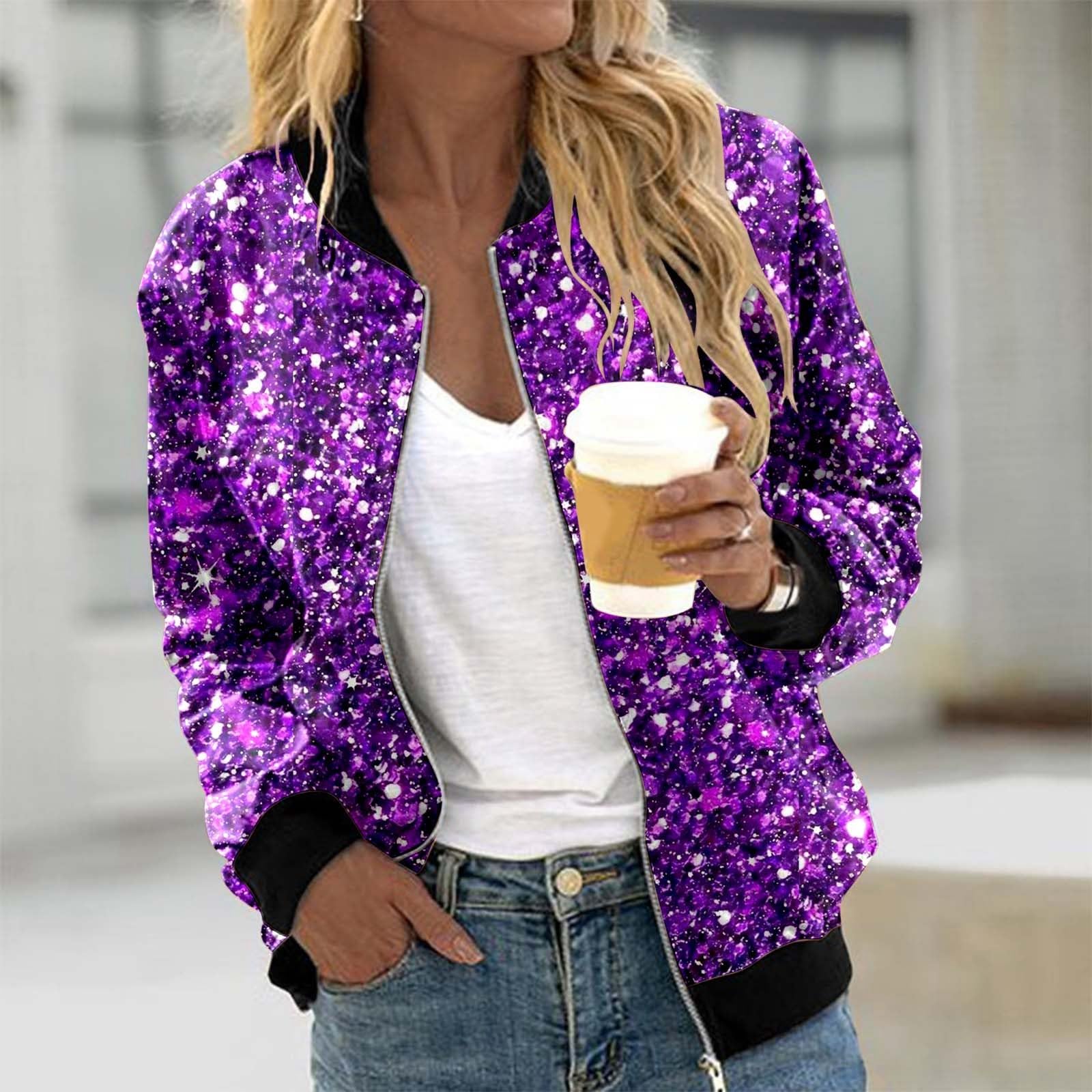 Veste à paillettes pour femme - Veste bomber à paillettes - Veste à paillettes - Coupe ajustée - Manches longues - Fermeture éclair avant - Manteau élégant - Veste courte - Tenue festive disco - Fête