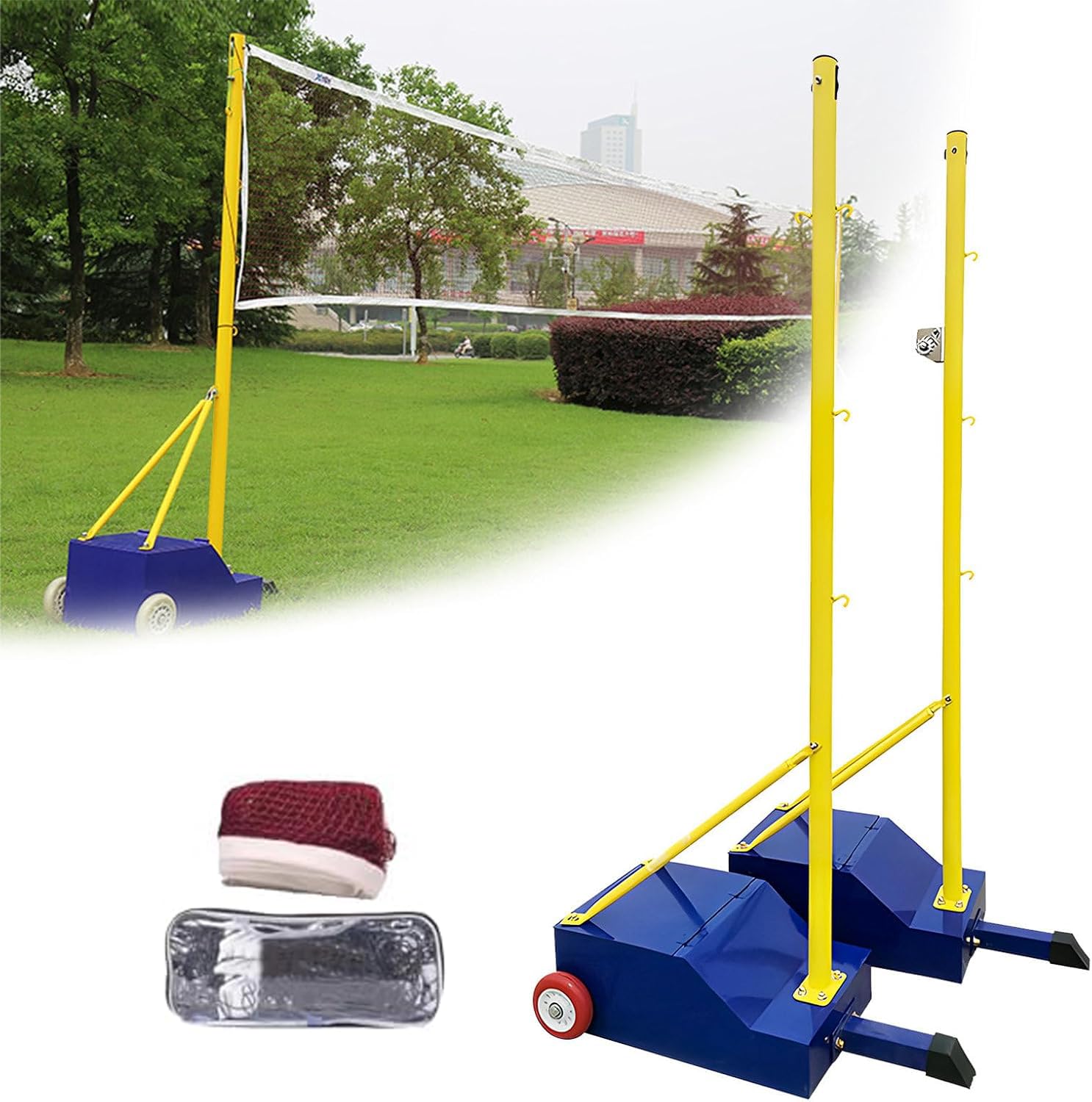 Filet de volleyball et badminton réglable avec poteaux en métal robuste et roues pour jardin