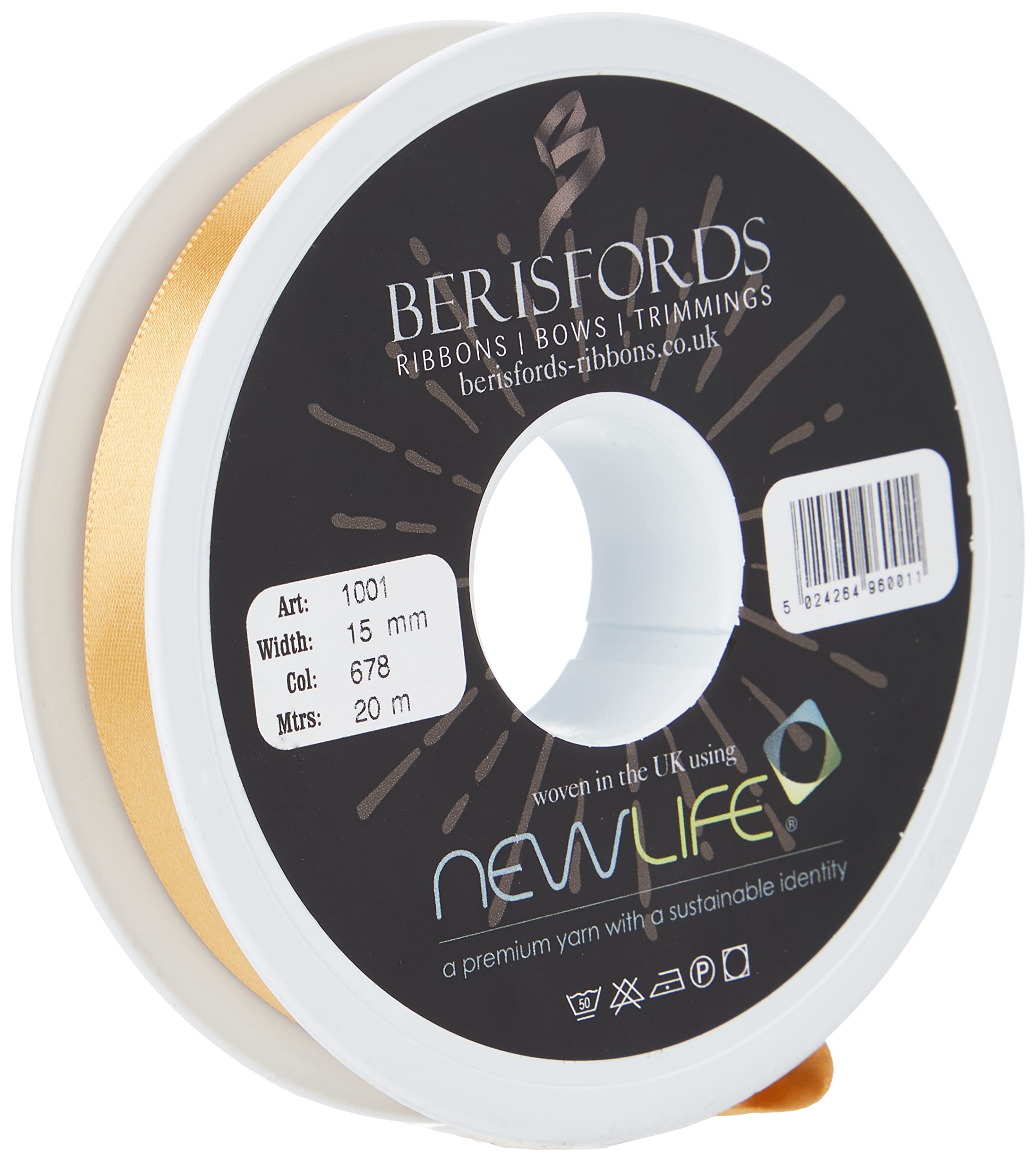 Berisfords Honey Gold Bf_1001-15-678 15Mm 678 Newlife Satin Ribbon 100% Recycled 20M Reel
