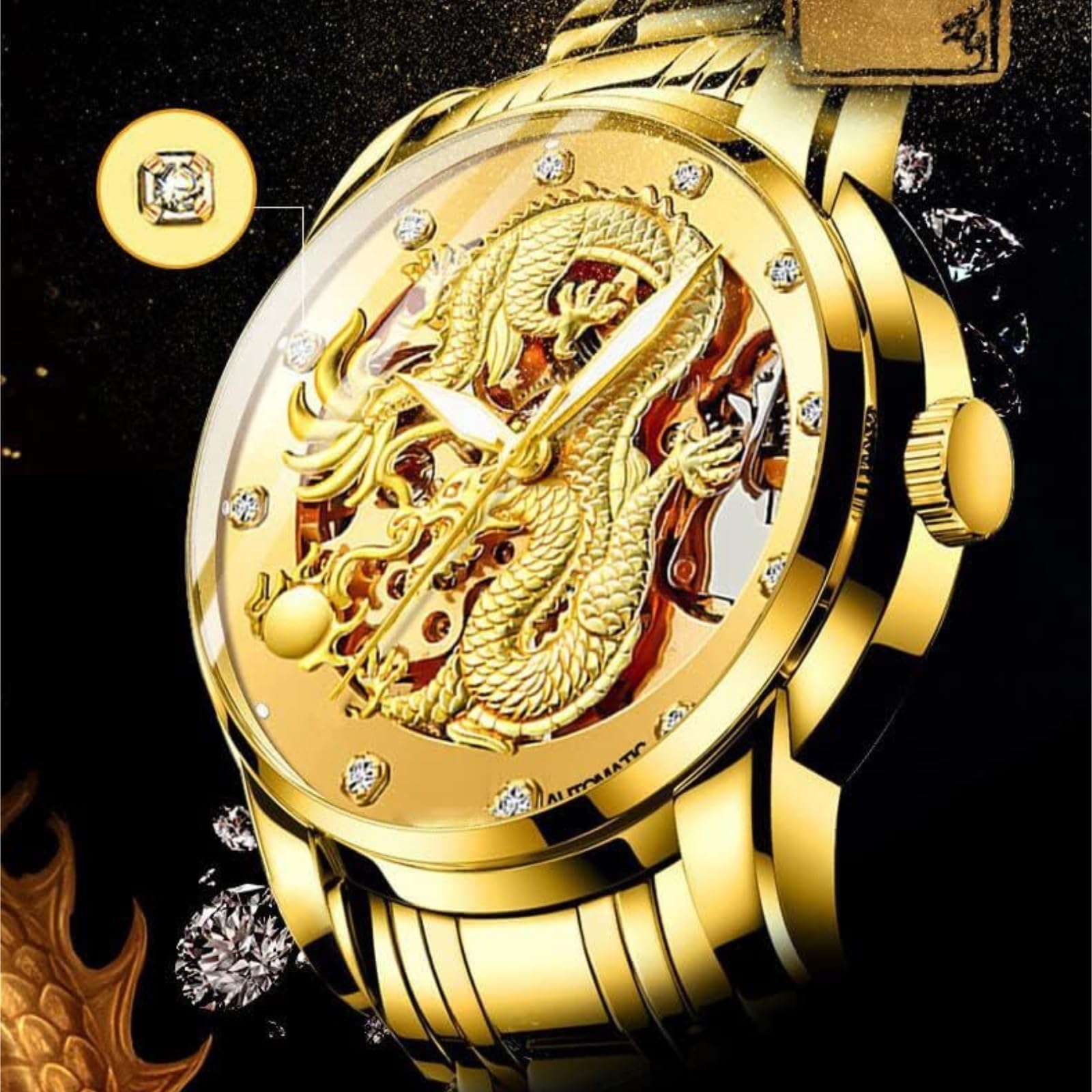 Reloj de Lujo Dragon Collection Limited for Hombre | Reloj de pulsera resistente al agua automático automático dorado con esfera tallada