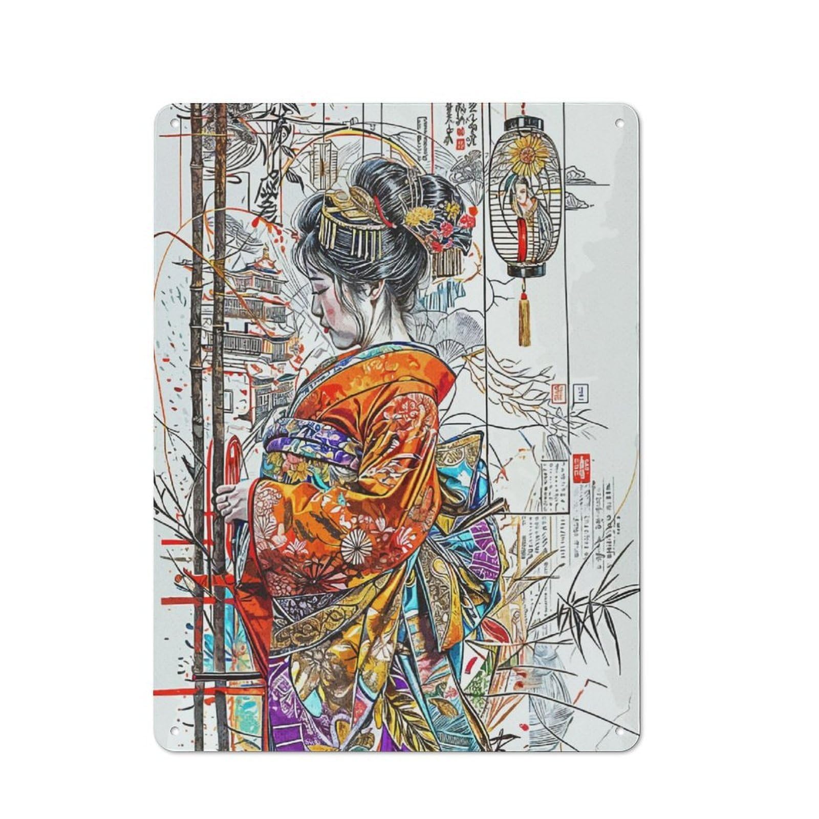Junmoney Geisha And Japanese Urban Metal Wall Decor 40X30cm, Metal Wall Art Sign For Loft, Studio, Office Or Creative Room