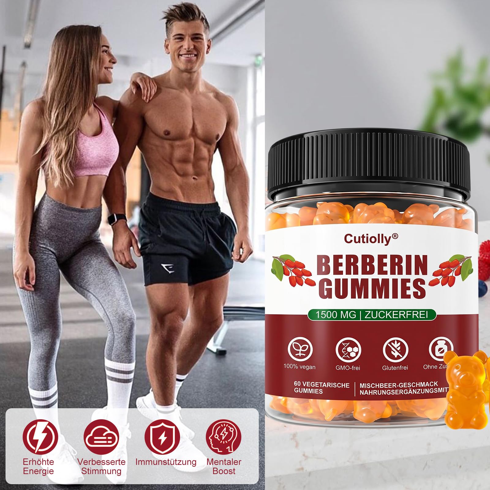 Berberin Gummies,Berberin Gummibärchen,1500mg Hochdosiert Berberine,mit Ceylon-Zimt,Kurkuma,Schwarzem Pfeffer,Zuckerfrei,Vegan,Stoffwechsel & Täglichen Energiebedarf,60 Stück