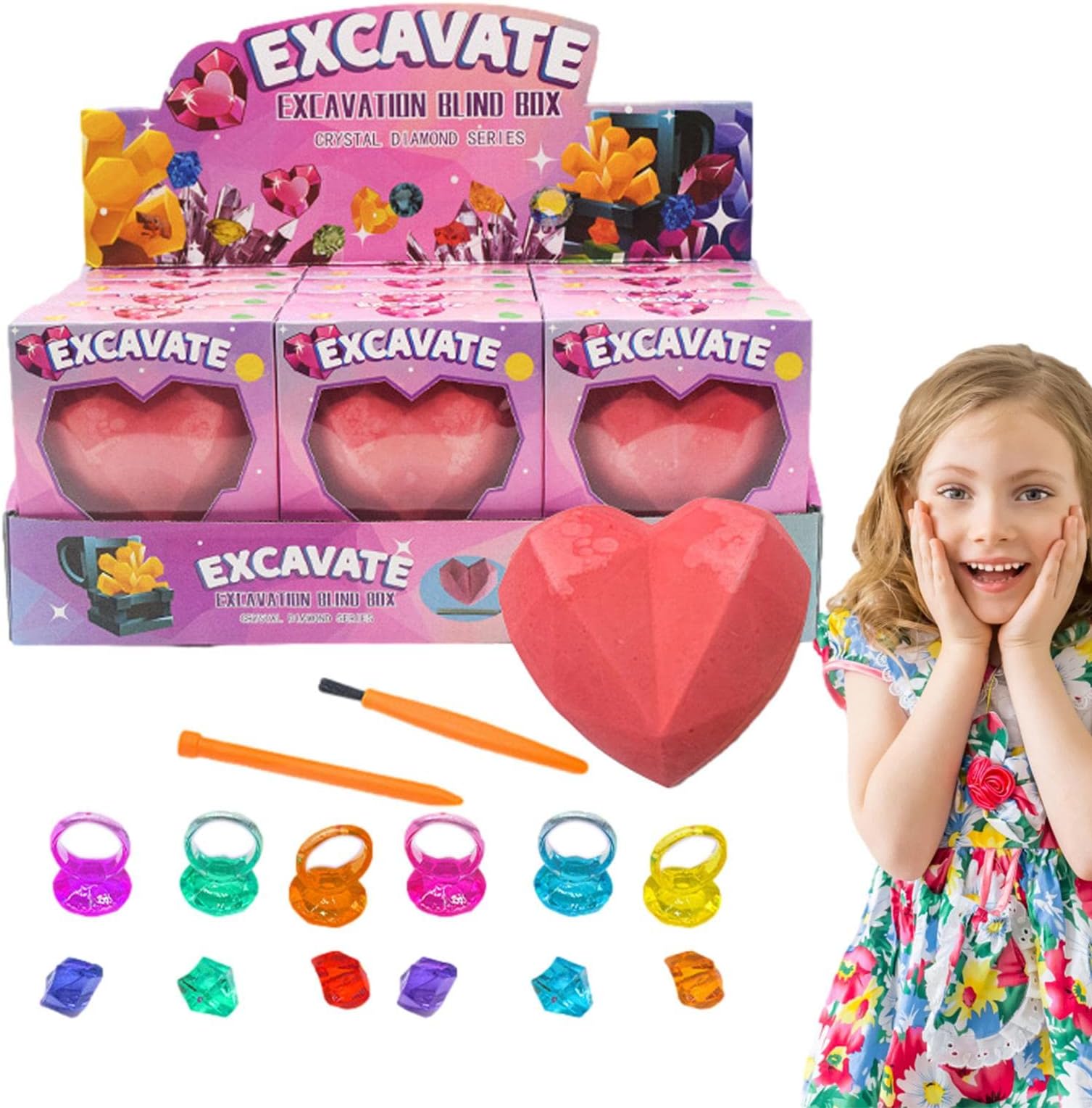 Gemstone Dig Kit | Gem Dig Kit, Dig up 12 Gemstones Rings - Gemstone Collection Gem Dig Mining Kit for Kids, Boys & Girls, Digging Heart Shape Plaster Generic