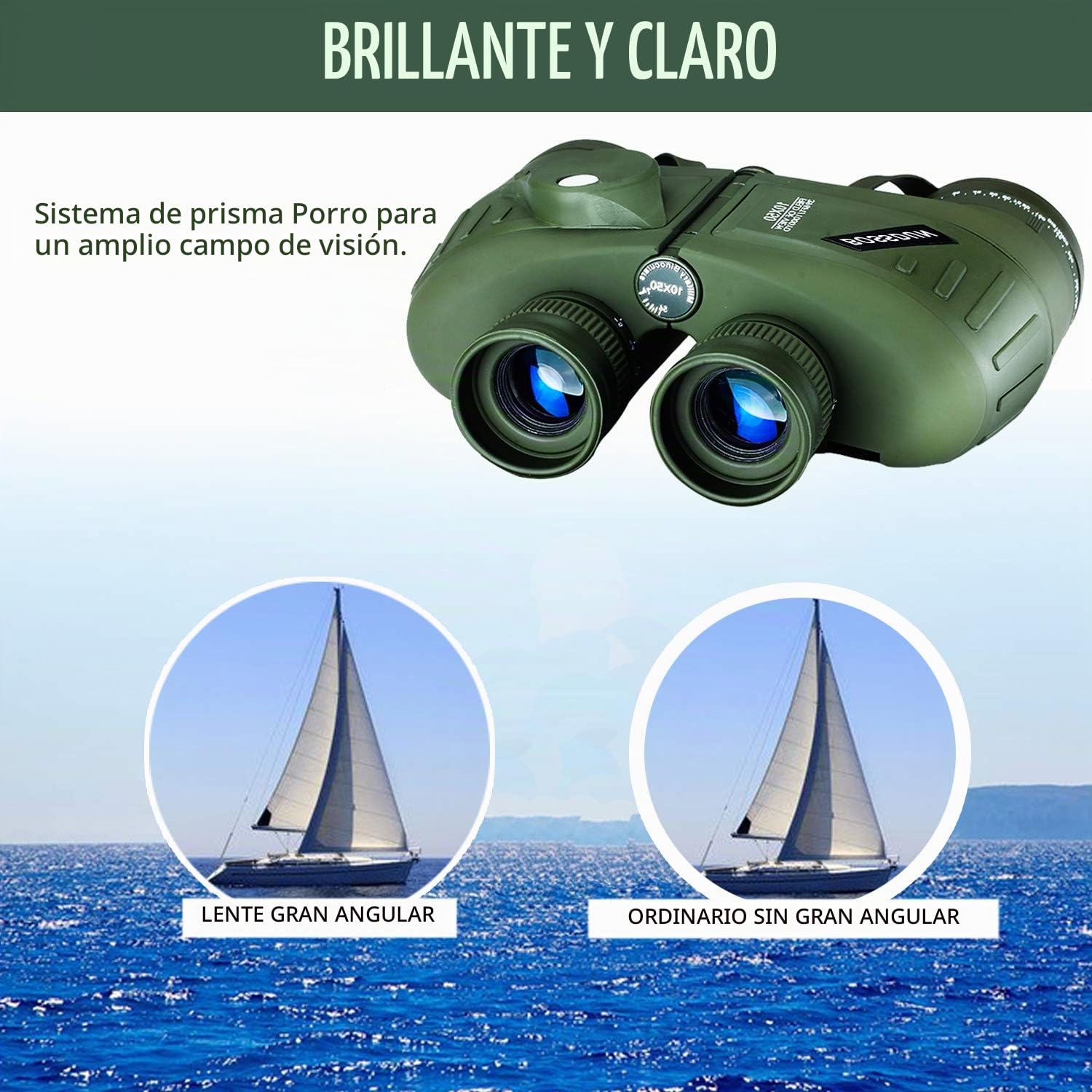 Binoculares Marinos Militares HD de 10x50 para Adultos, Brújula con Pantalla LCD HD y Presión de Aire, Navegación, Remo, Pesca, Caza, Observación de Aves (Green)