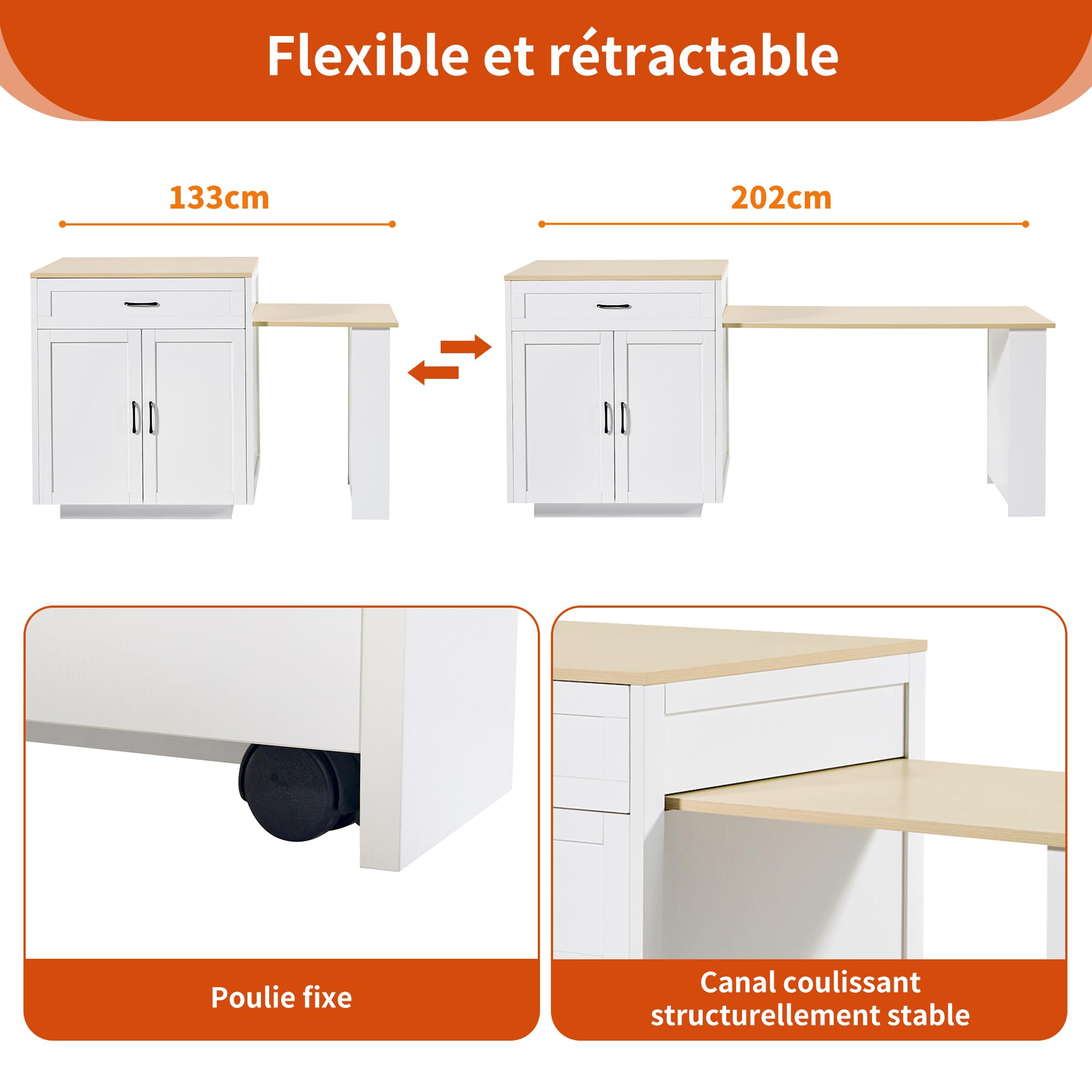 Soweiz Mesa alta extensible con espacio de almacenamiento (133-202 × 70 × 93,5 cm), con 2 cajones y 2 compartimentos, isla de cocina, mesa extensible para 2 – 6 personas, carrito de cocina con