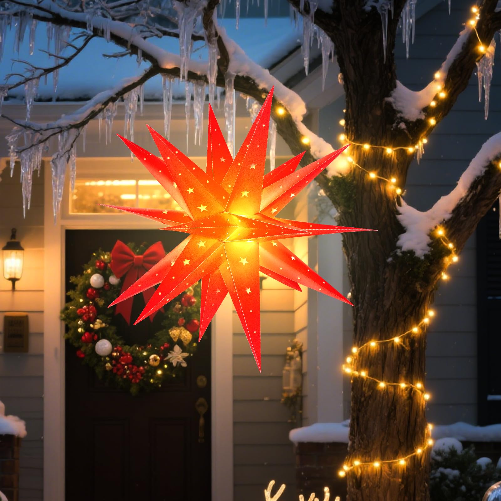 Sky angle 3D Weihnachtsstern Beleuchtet Batterie mit Timer für Fenster - 60cm Dekorieren von Weihnachtsbaum, Rot led Weihnachtsstern für Innen, Außen, Innenhof, Balkon Und Garten