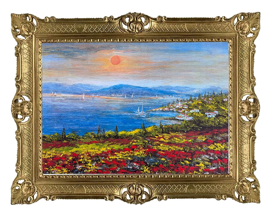 Peinture à l'huile méditerranéenne 90x70 cm avec cadre baroque doré Lnxp