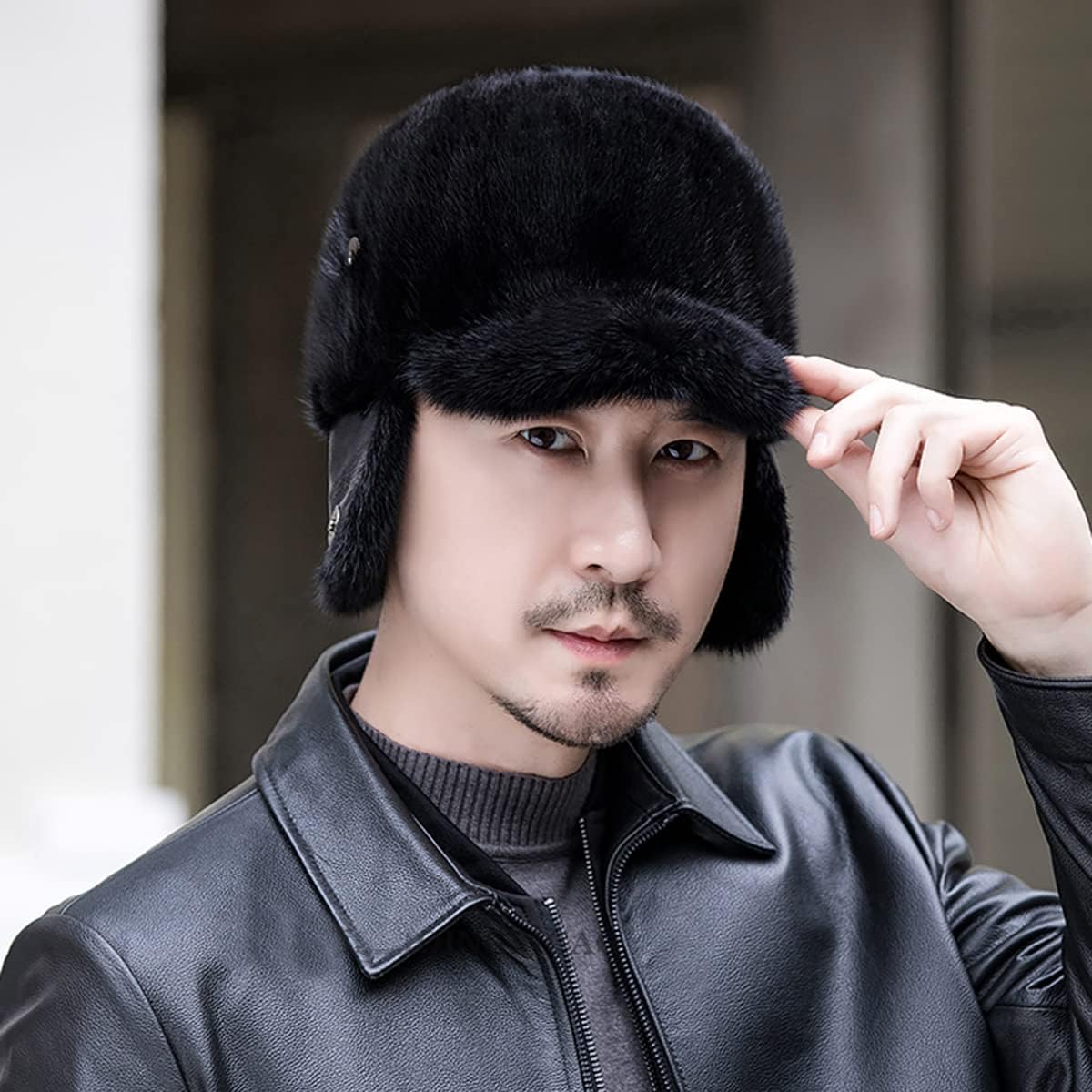 Mens Real Mink Hair Hat Winter Warm with Ear Flap Hunting Cap Visor Skiing Sports Outdoor