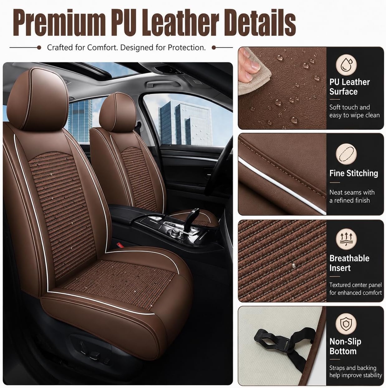 Car Seat Covers Full Set, 5 Seats Universal Seat Covers for Cars, Ice Silk Breathable Fabric& Faux Leather Auto Seat Cushions, Front and Rear Seat Protectors Fit for Most Sedans SUV Truck, Brown