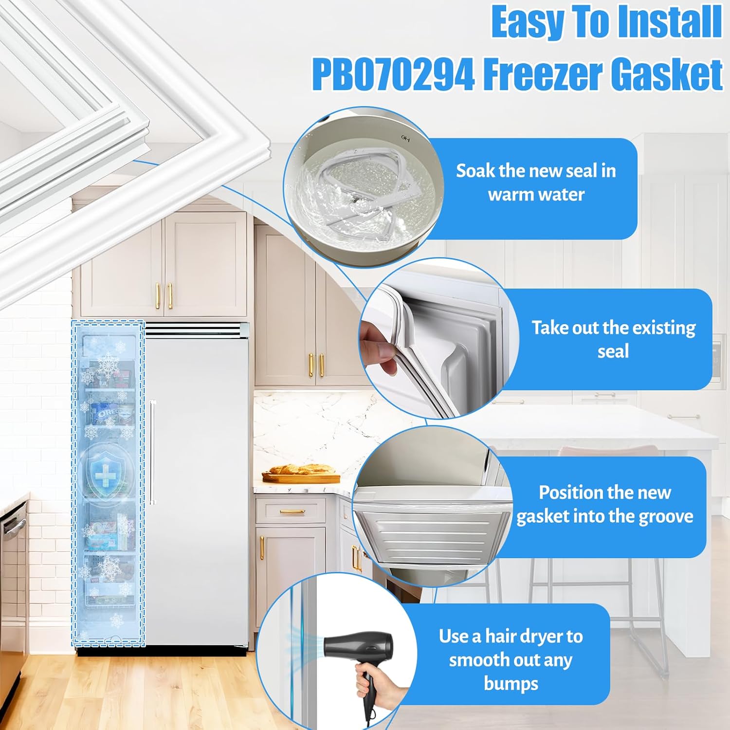 Upgraded PB070294 Freezer Door Seal Compatible with Viking Refrigerator Freezer Door Gasket Replacement Parts AP5315798 PB970186 PB970205 Freezer Door Gasket Seal DDSB483-H,DFSB483-G Fridge Door Seal