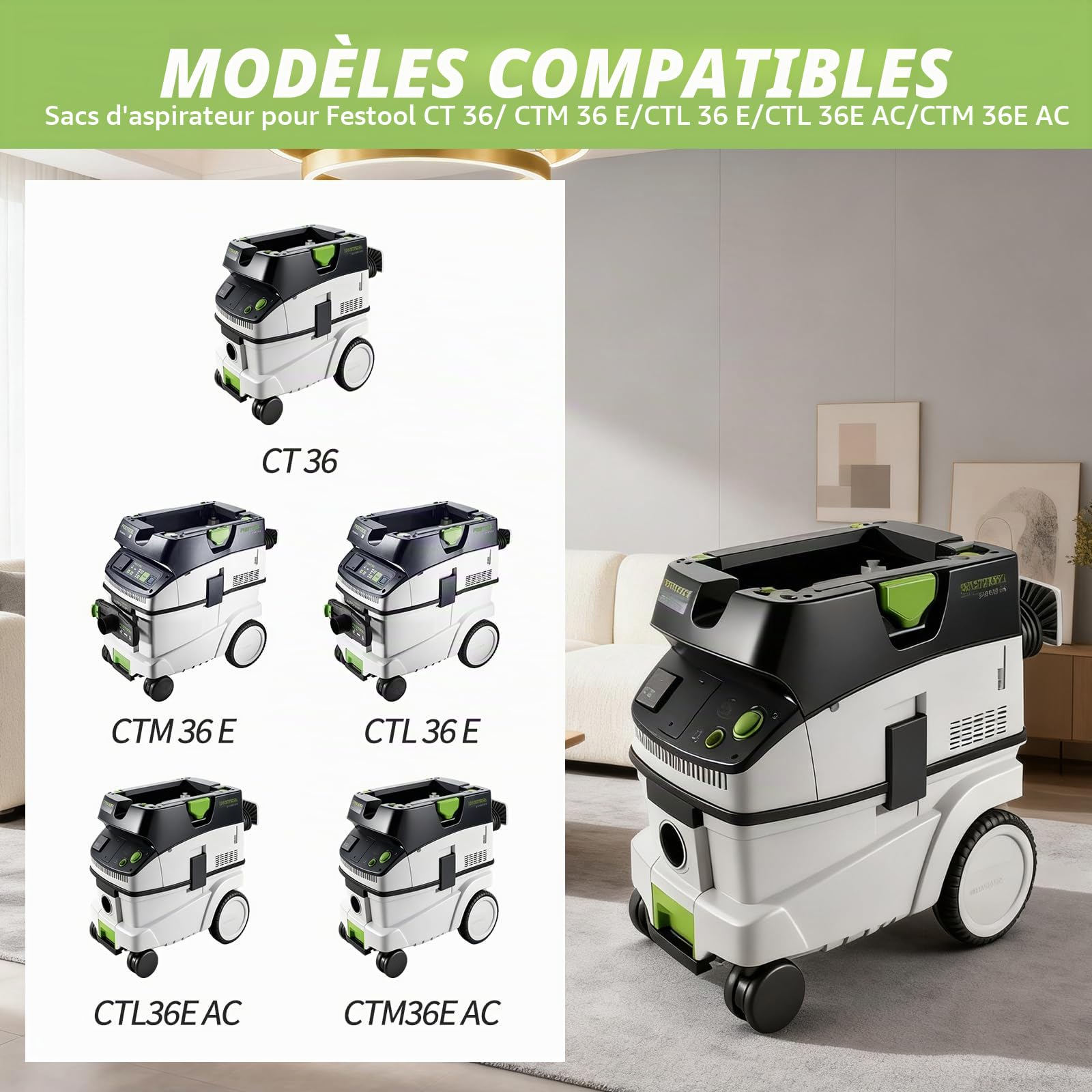 6 sacs d'aspirateur pour Festool CT 36/ CTM 36 E/CTL 36 E, sacs de filtre de rechange à 5 couches pour Festool 496186, sac de filtre de grande capacité pour extracteur de poussière, pièces de rechange